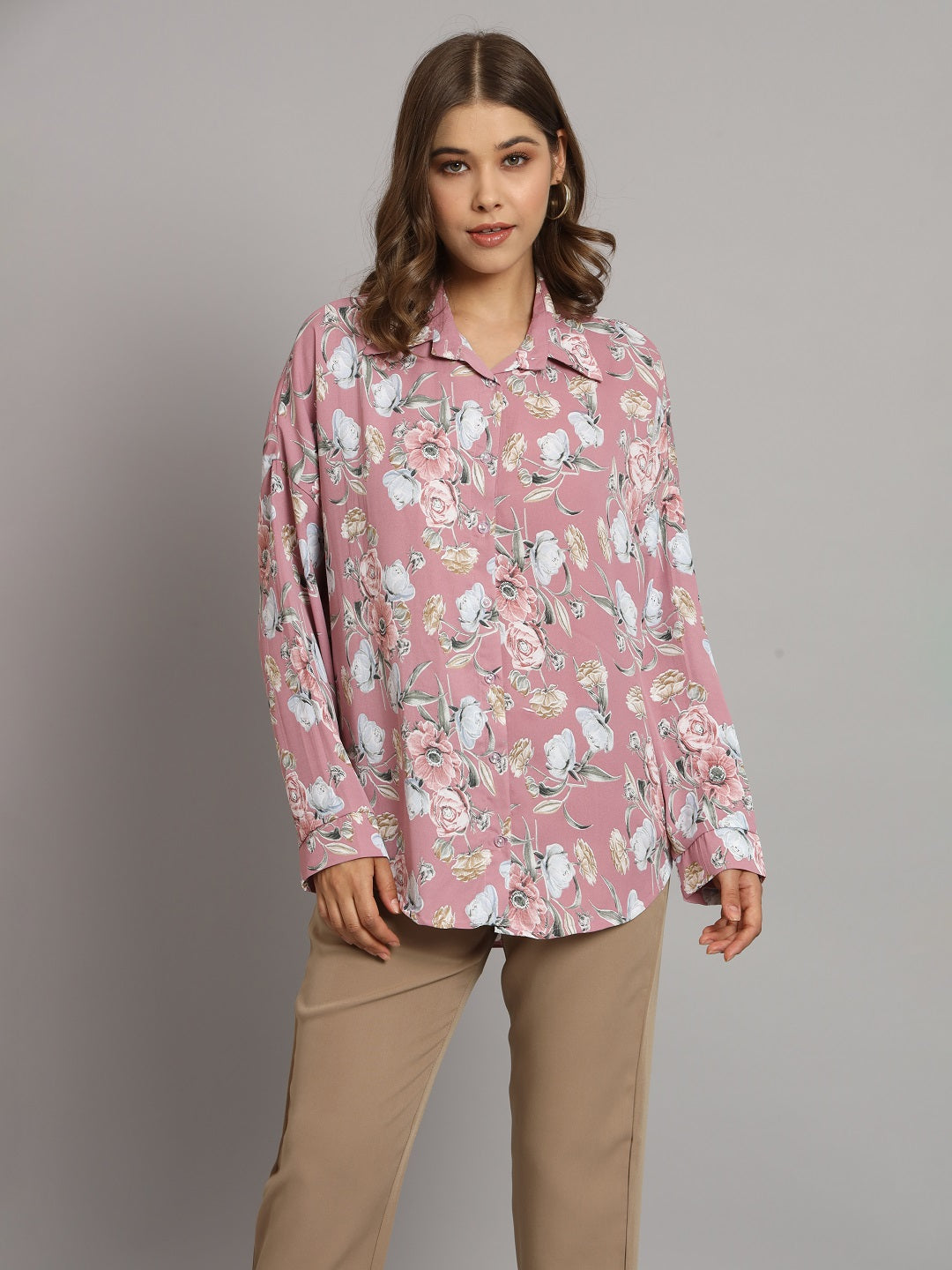 Oversized Nude Pink Floral Shirt