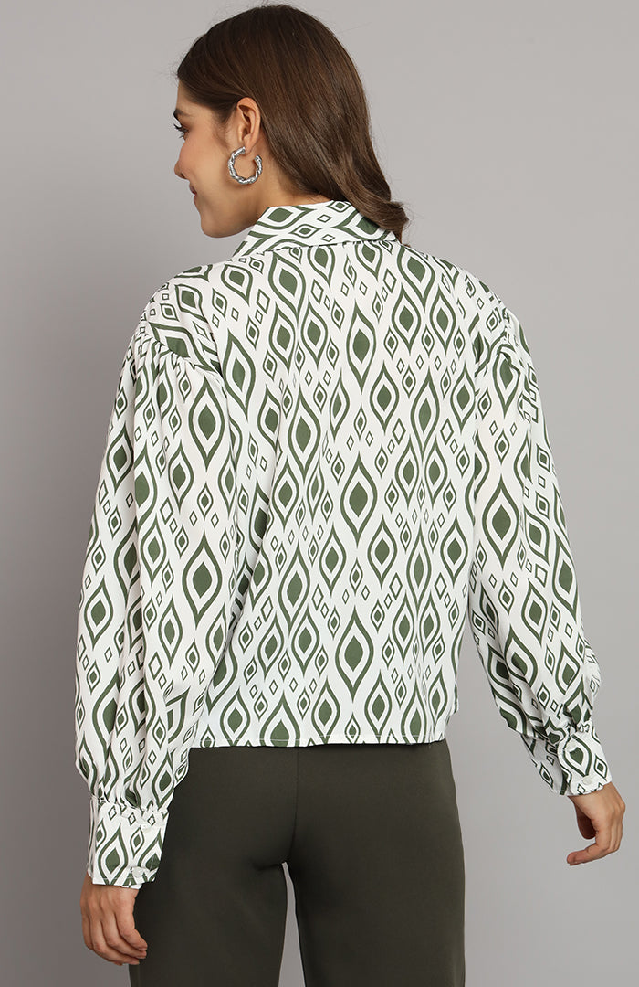 Green n White printed Oversized Shirt