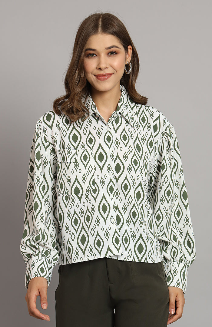 Green n White printed Oversized Shirt