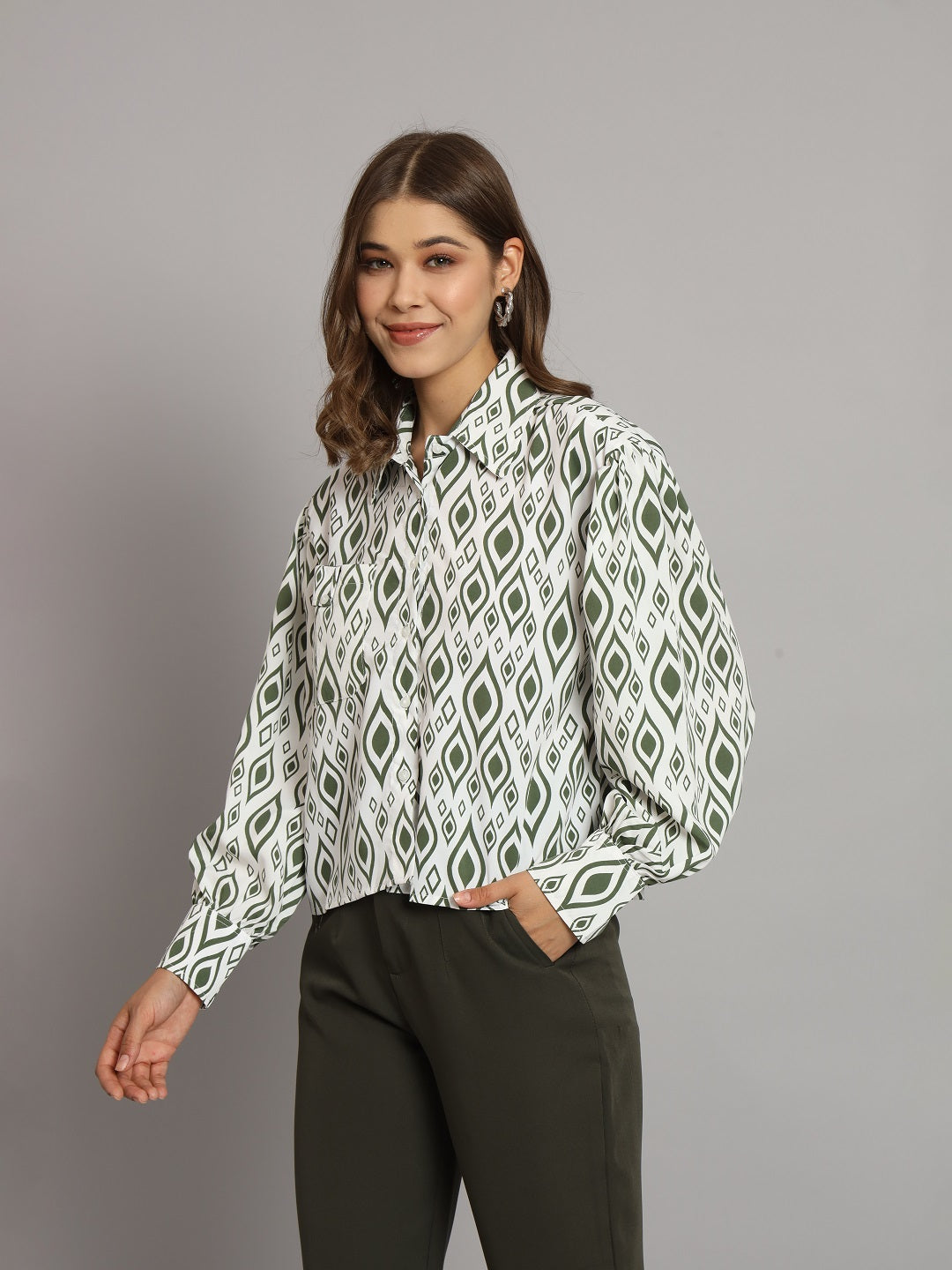 Green n White printed Oversized Shirt