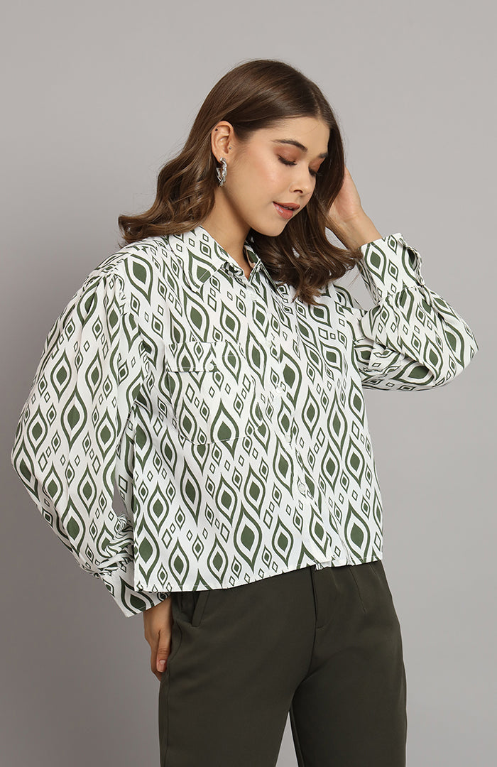 Green n White printed Oversized Shirt