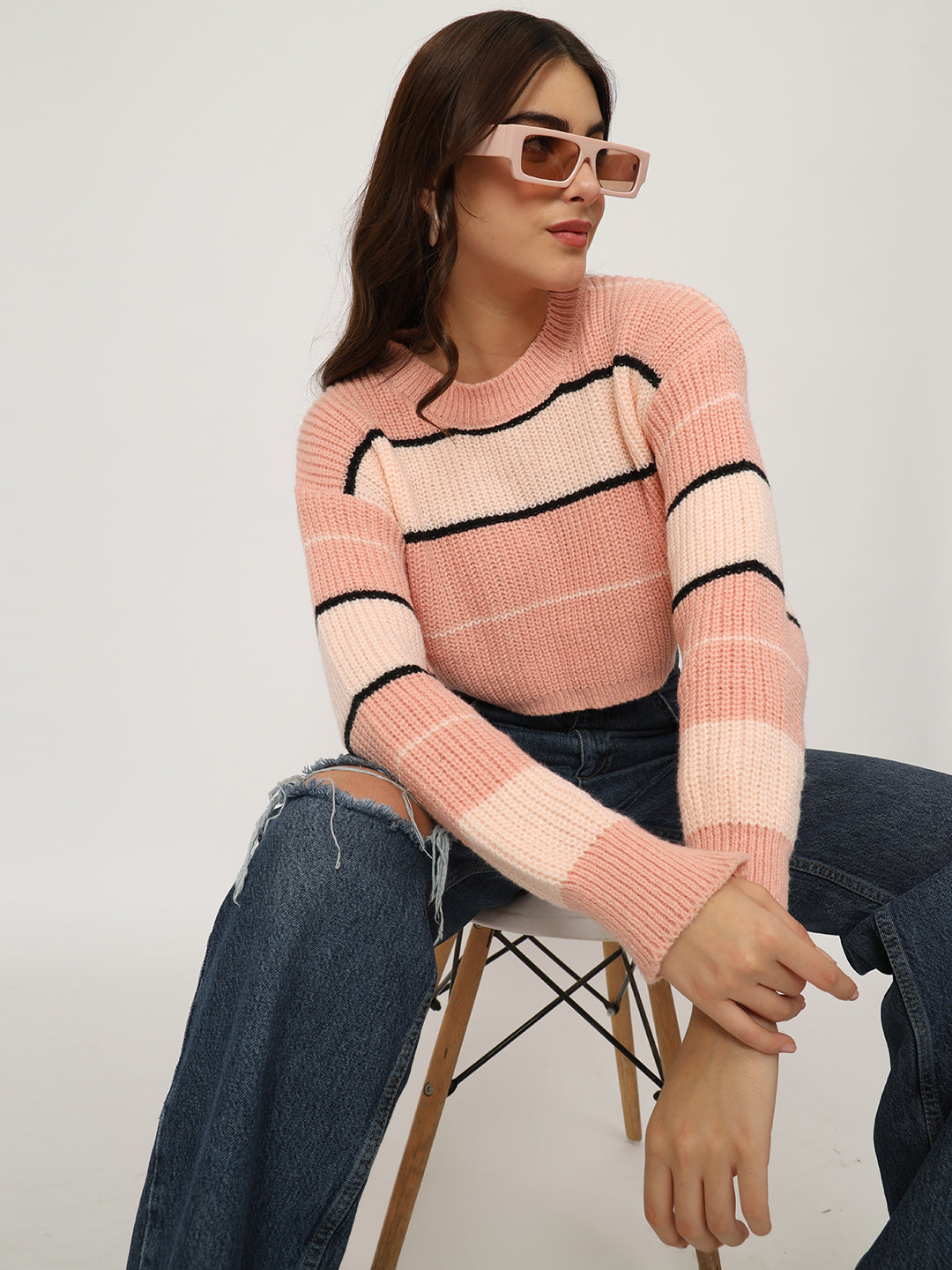 WOMEN PINK STRIPES CROP JUMPER