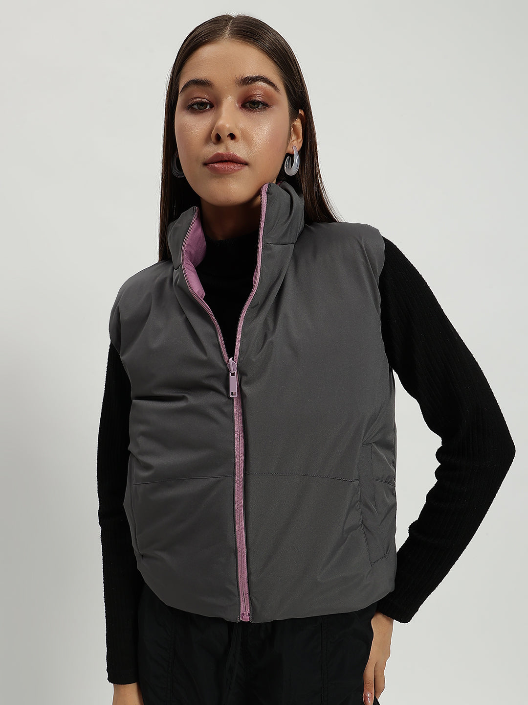 WOMEN PUFF JACKET REVERSIBLE ONION PINK AND GREY