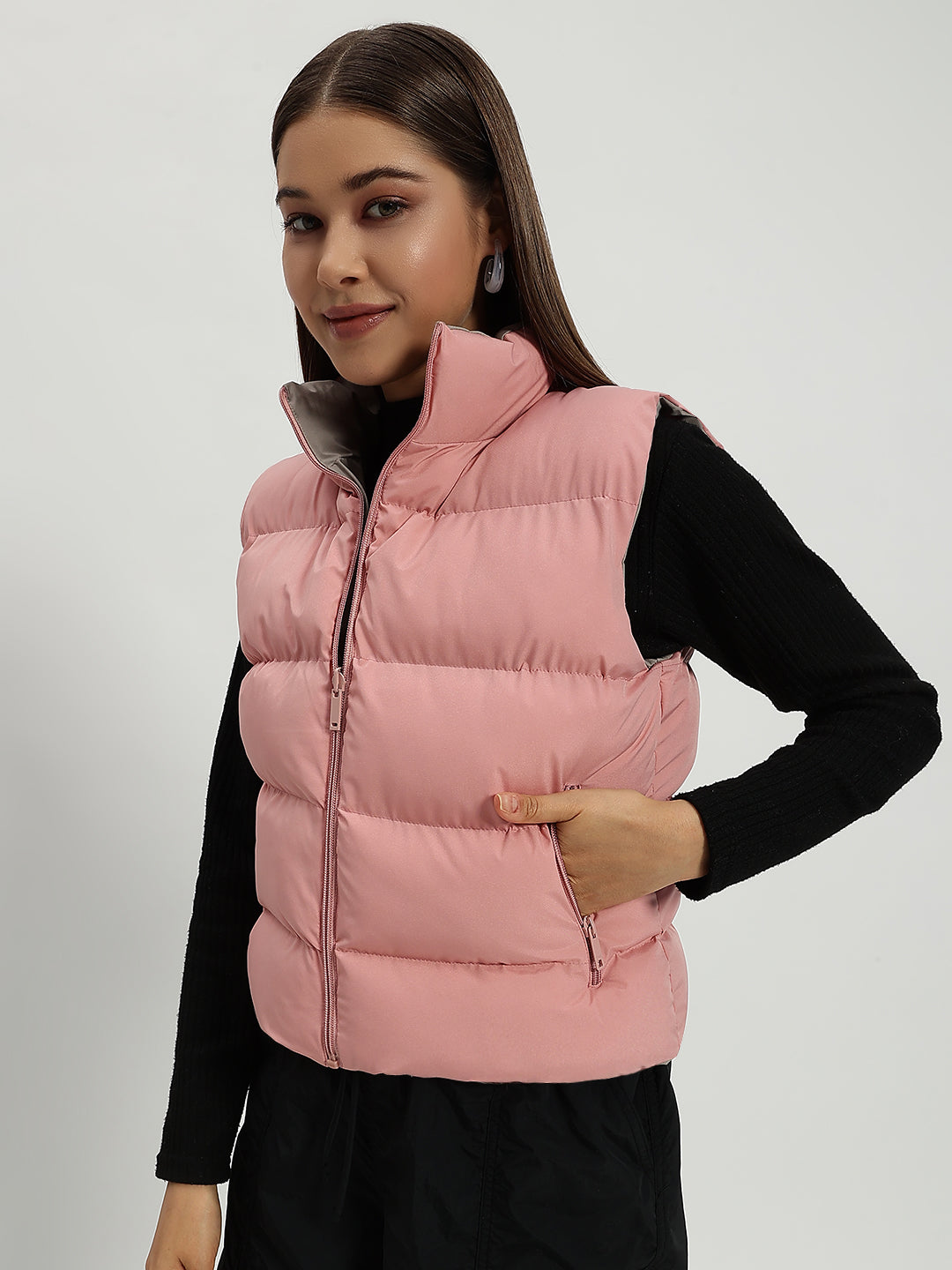 WOMEN PUFF JACKET REVERSIBLE PINK AND GREY