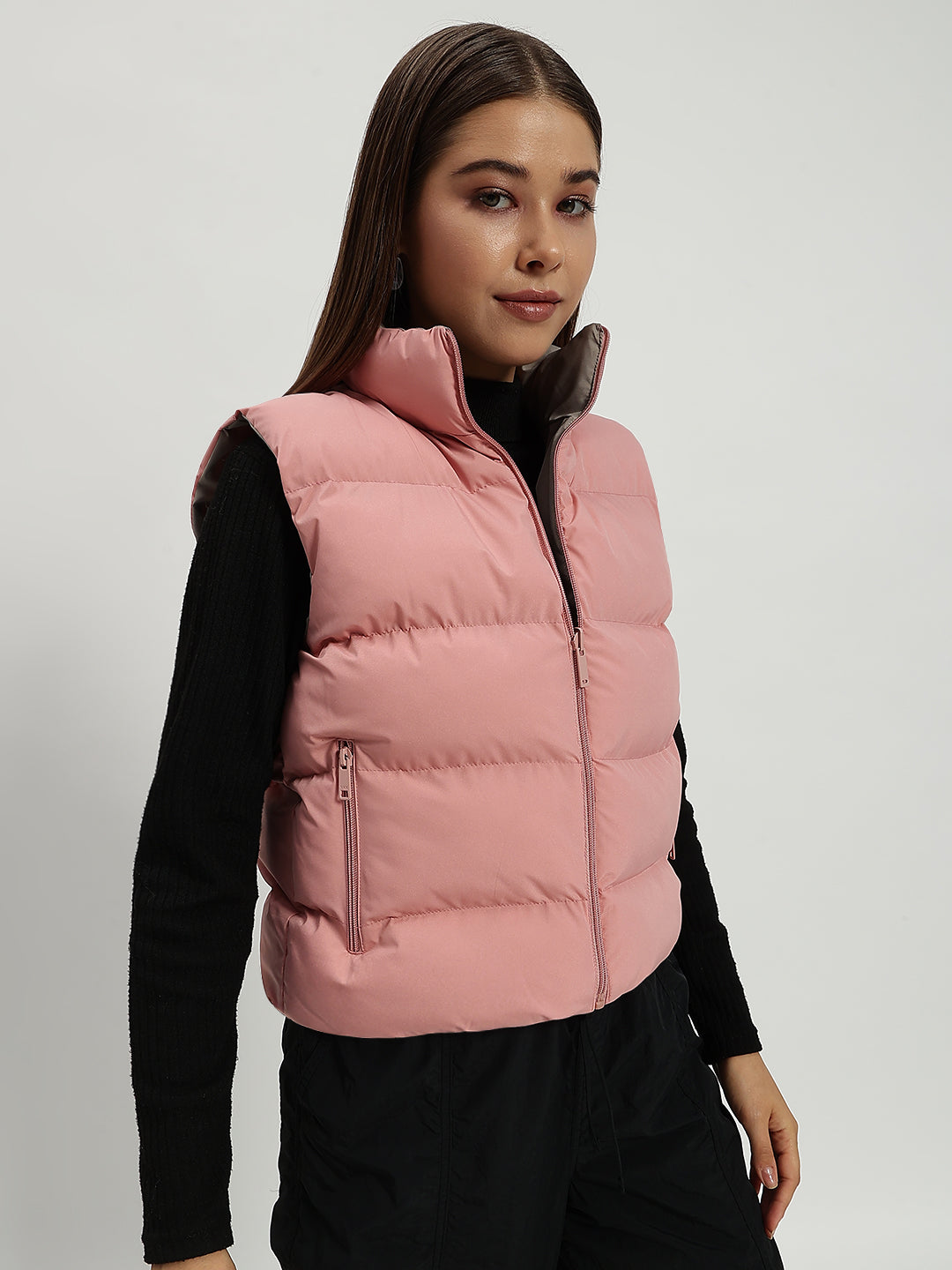 WOMEN PUFF JACKET REVERSIBLE PINK AND GREY