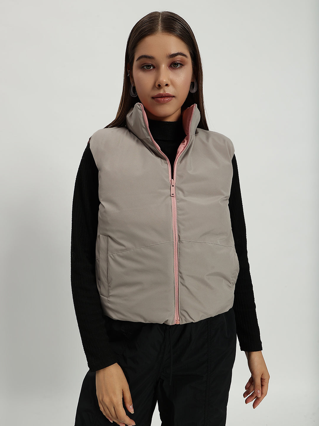 WOMEN PUFF JACKET REVERSIBLE PINK AND GREY