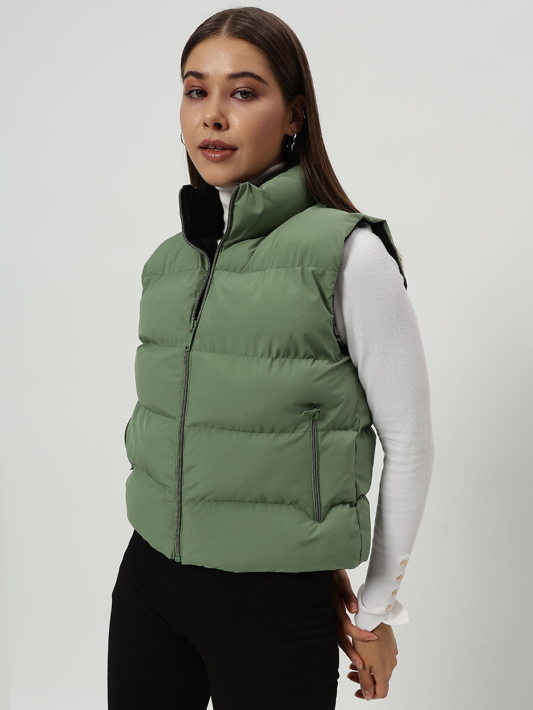 WOMEN PUFF JACKET REVERSIBLE GREEN AND BLACK