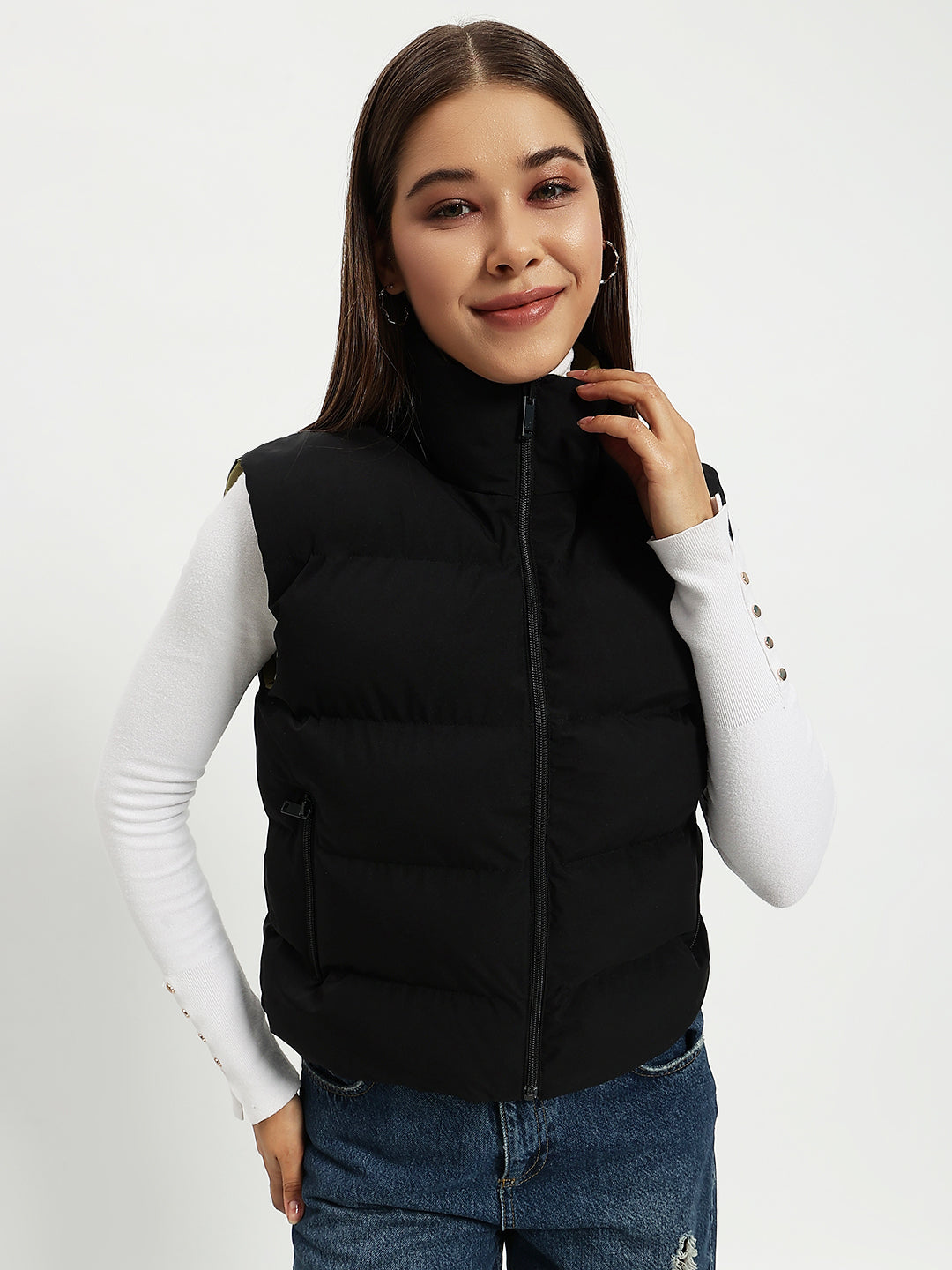 WOMEN PUFF JACKET REVERSIBLE BLACK AND GREEN