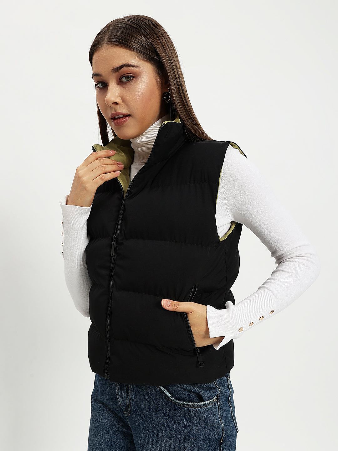 WOMEN PUFF JACKET REVERSIBLE BLACK AND GREEN