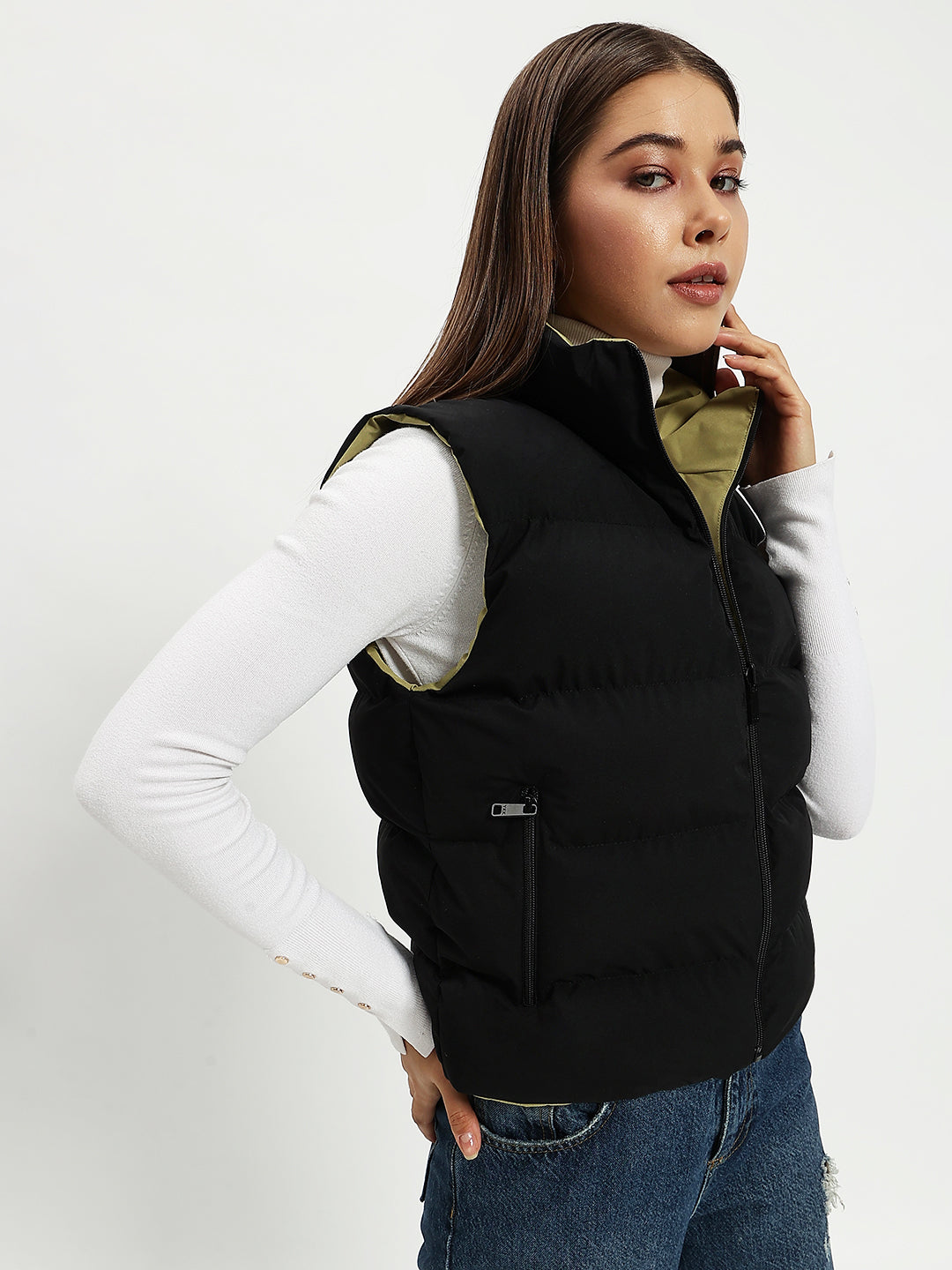 WOMEN PUFF JACKET REVERSIBLE BLACK AND GREEN