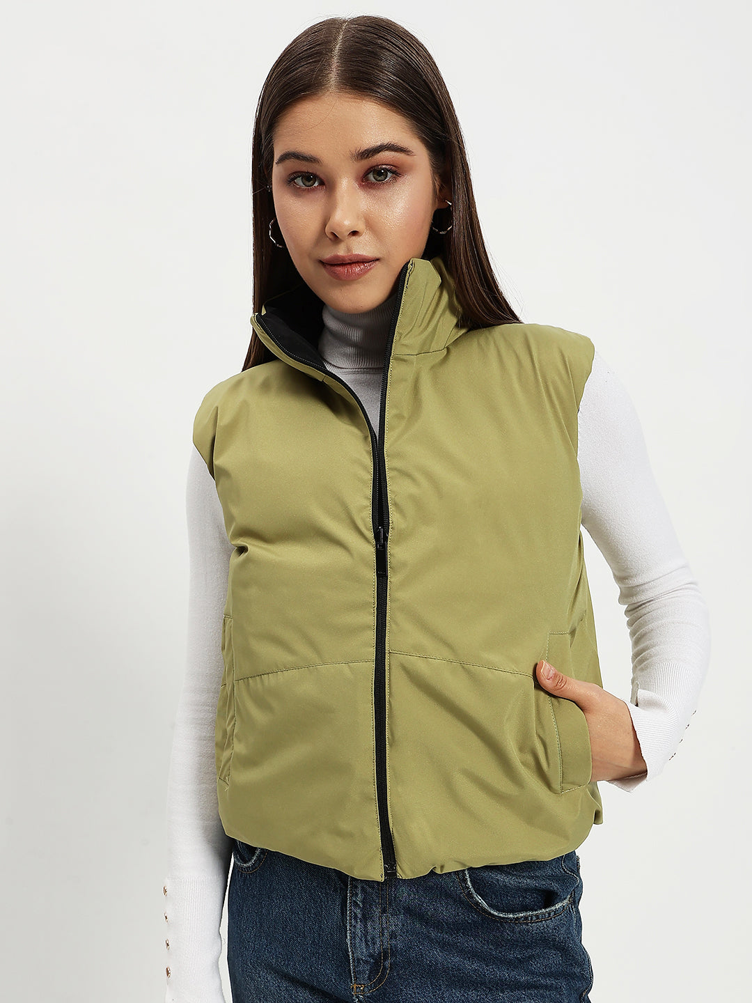 WOMEN PUFF JACKET REVERSIBLE BLACK AND GREEN