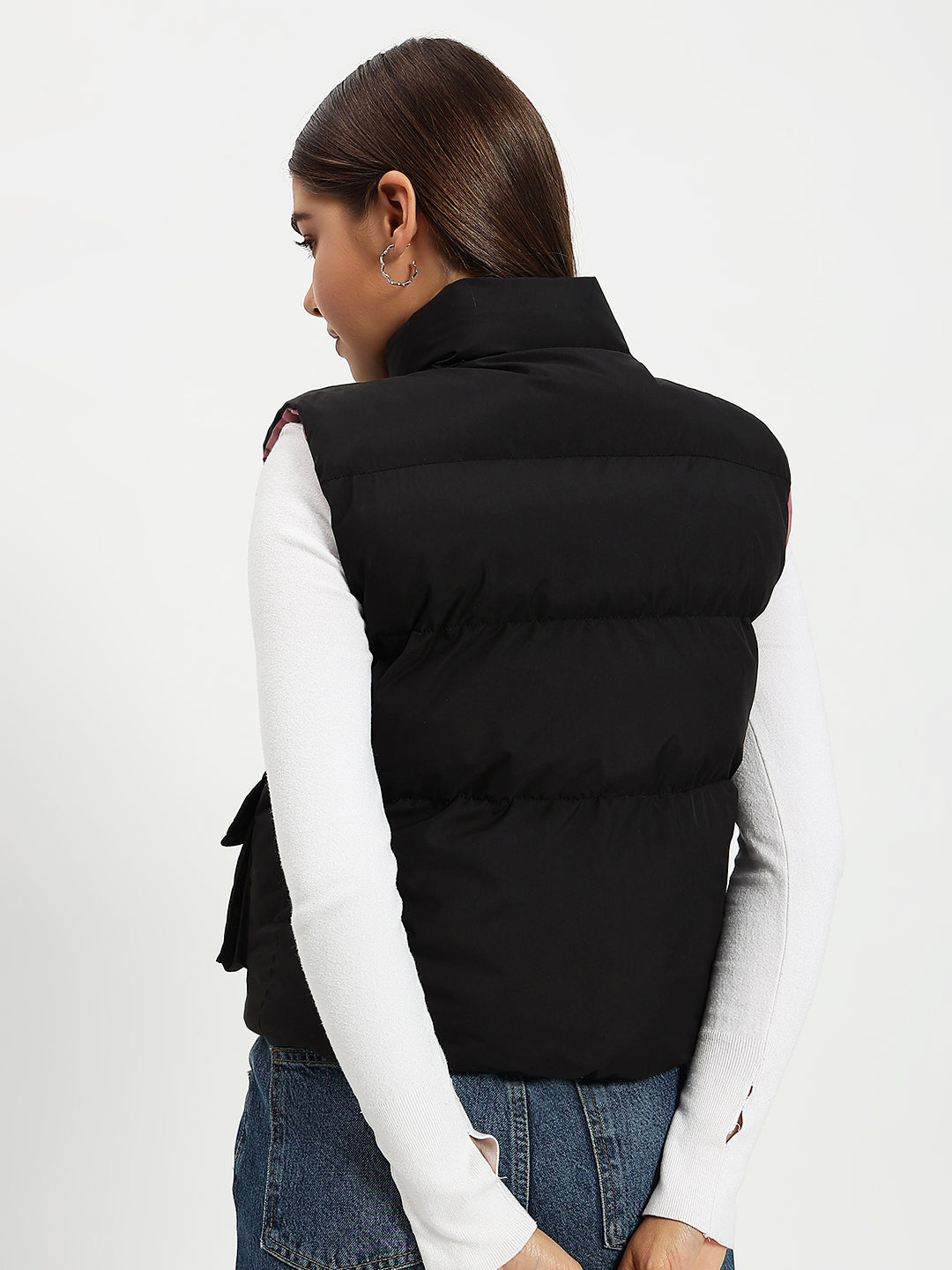 WOMEN CARGO PUFF JACKET REVERSIBLE BLACK AND PINK