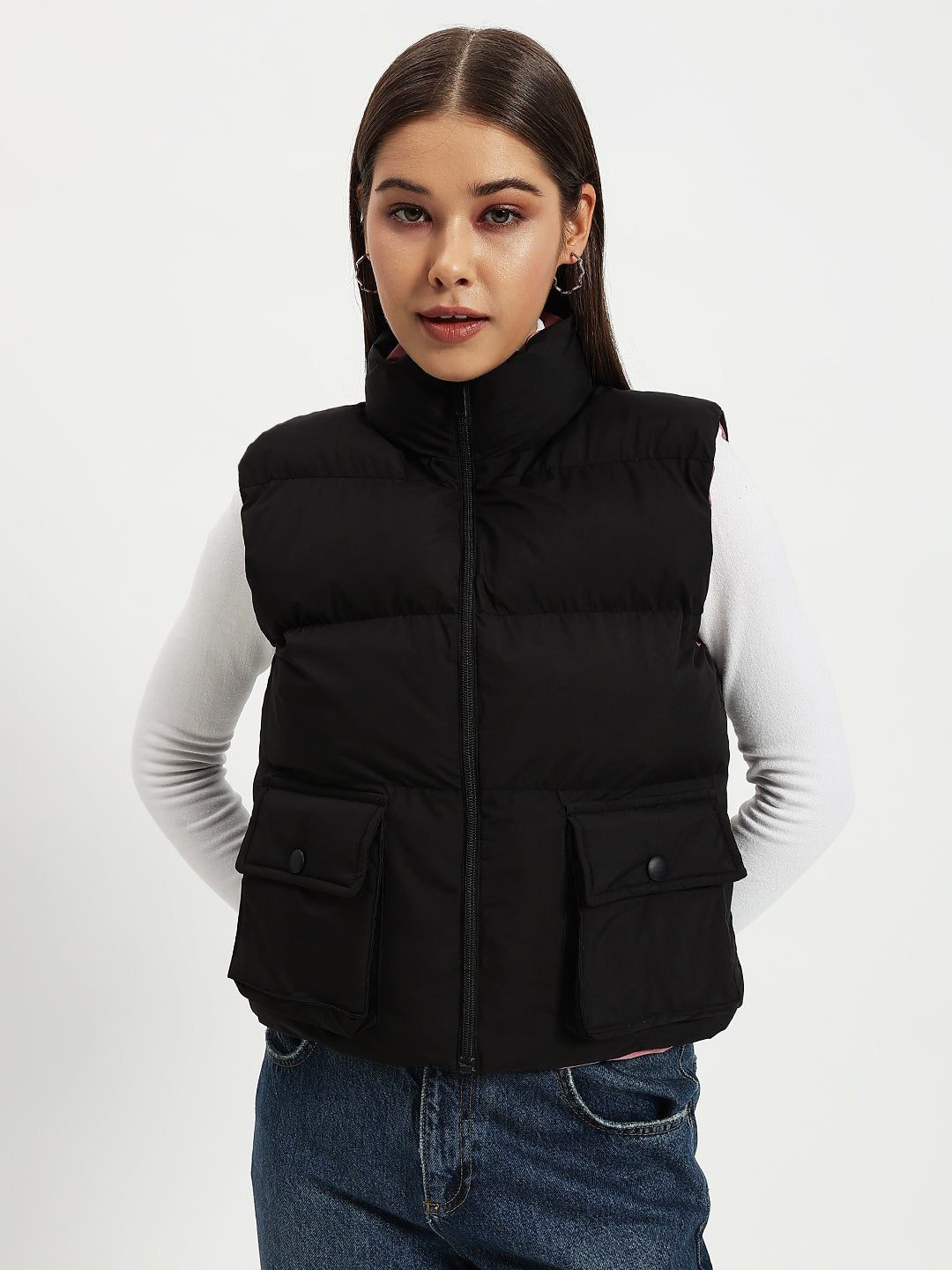 WOMEN CARGO PUFF JACKET REVERSIBLE BLACK AND PINK