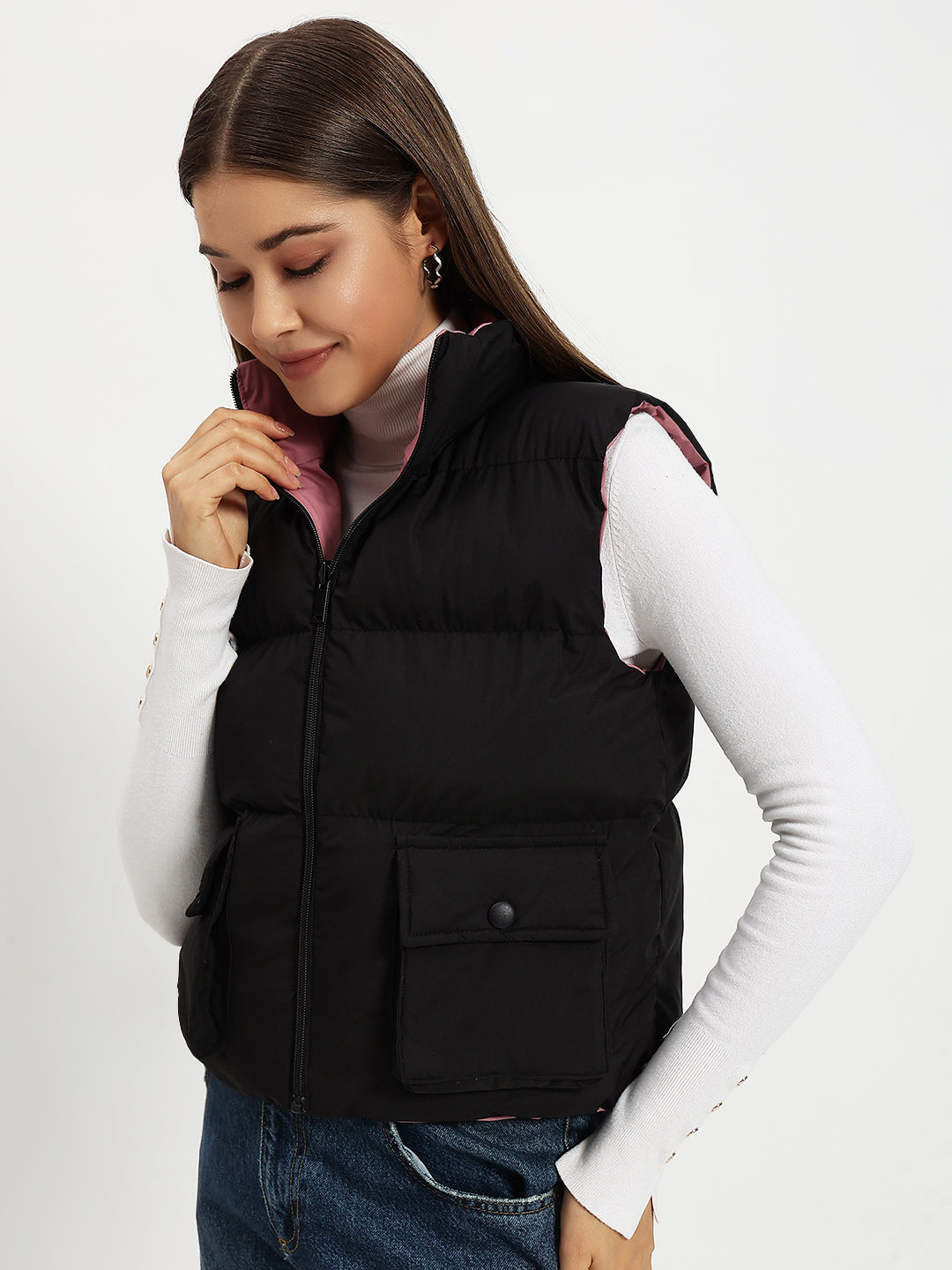 WOMEN CARGO PUFF JACKET REVERSIBLE BLACK AND PINK