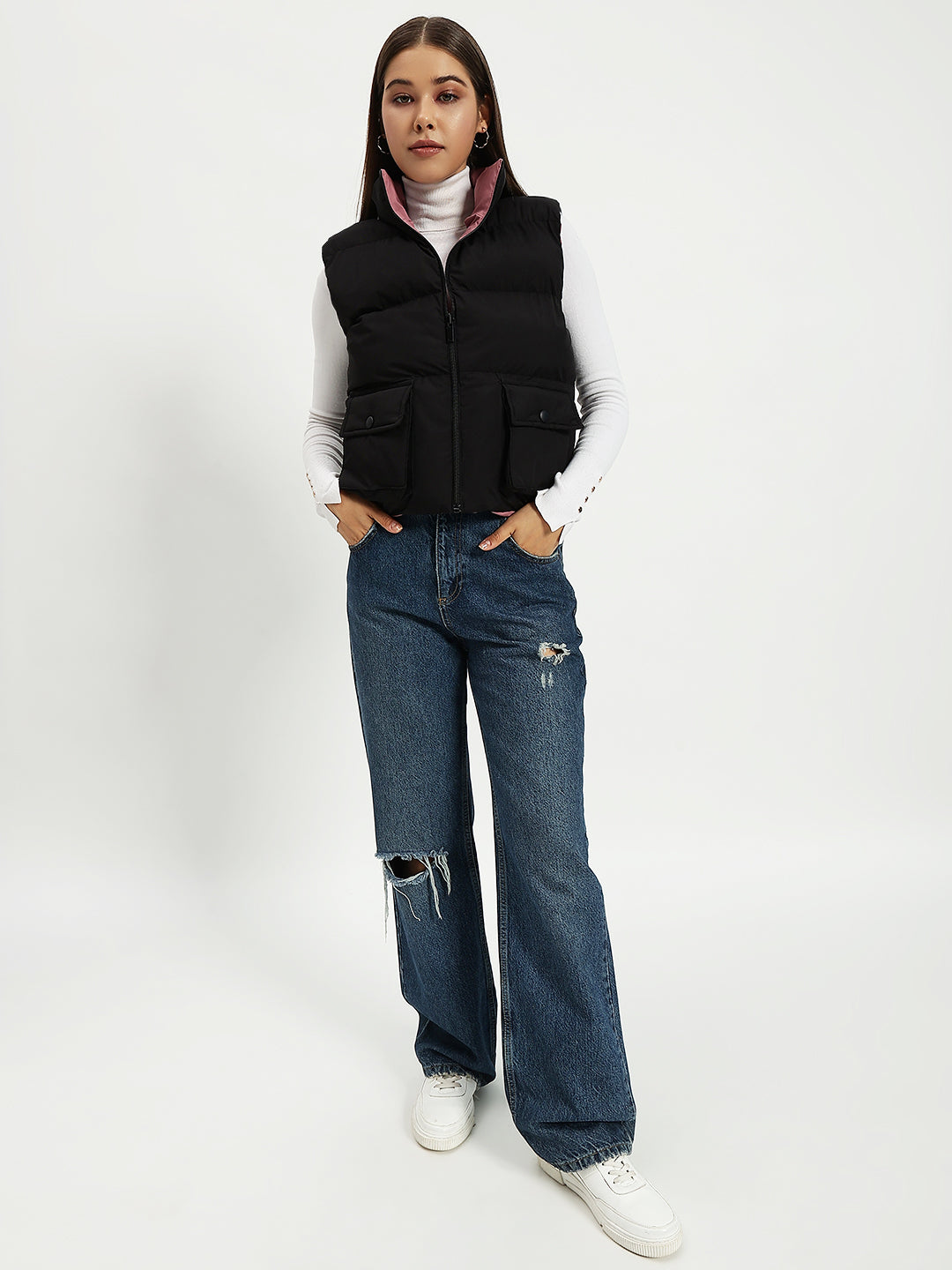 WOMEN CARGO PUFF JACKET REVERSIBLE BLACK AND PINK