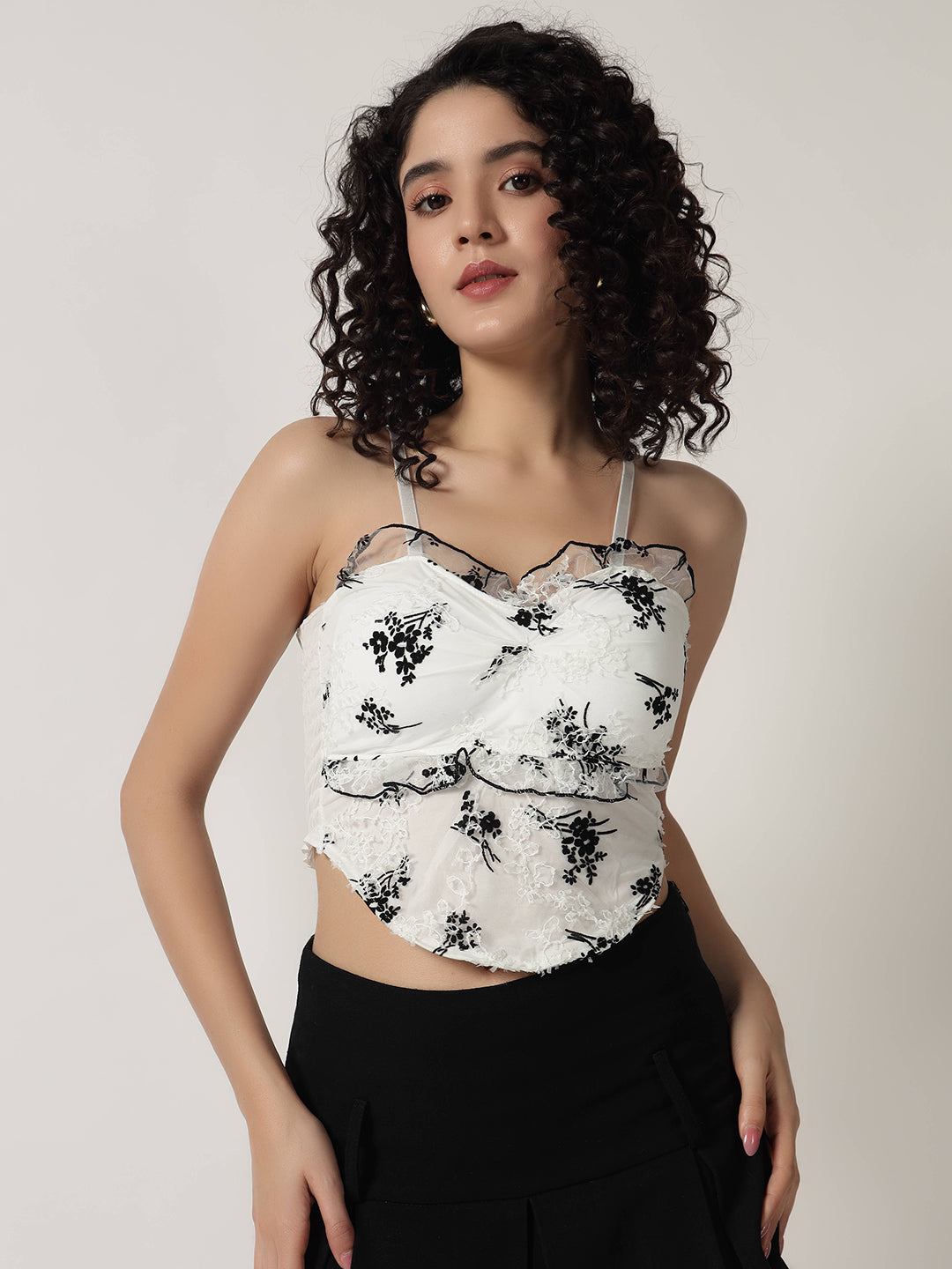 RUCHED FLORAL PADDED TOP WHITE