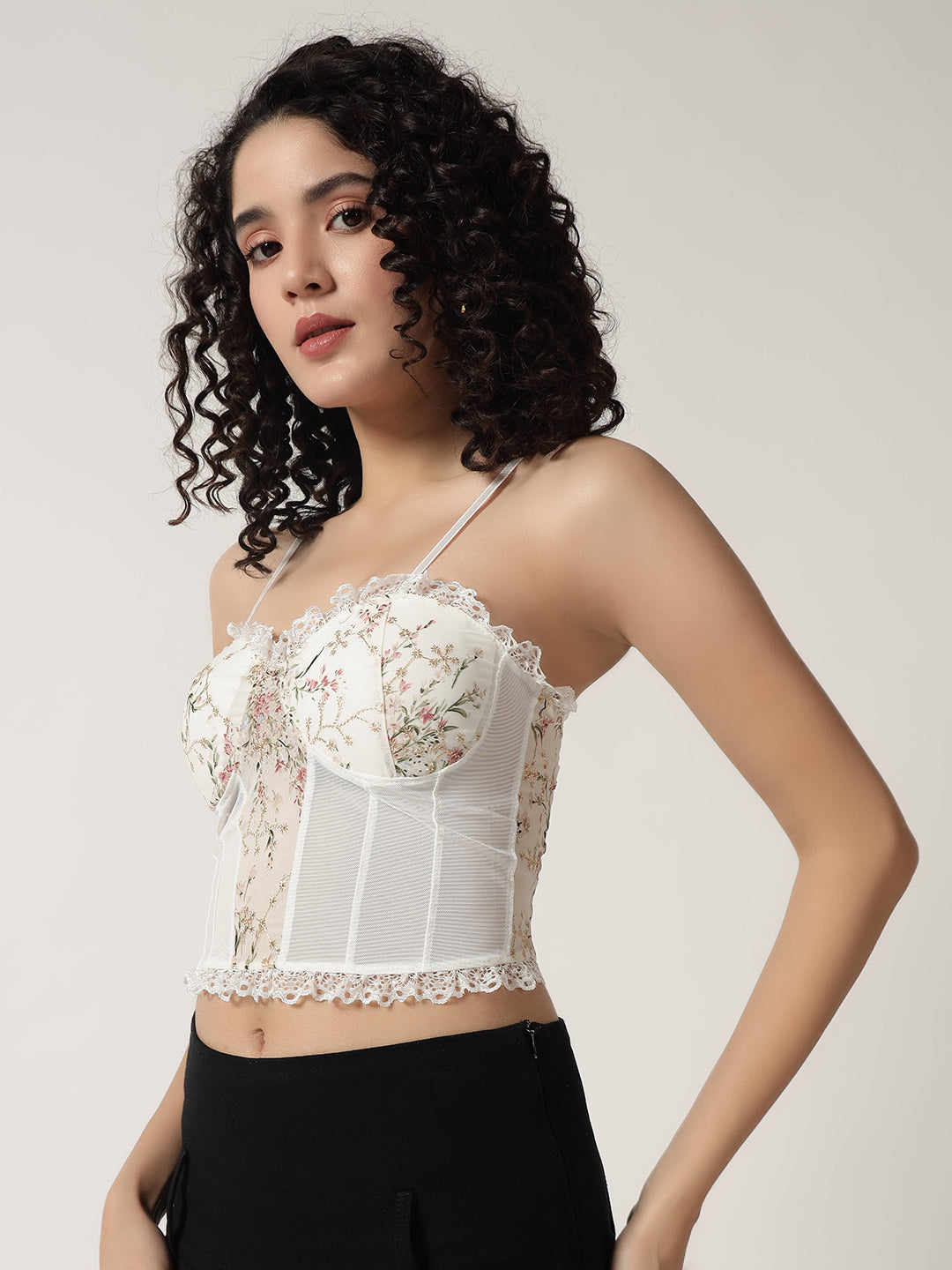 FLORAL PADDED BRALETTE TOP WHITE