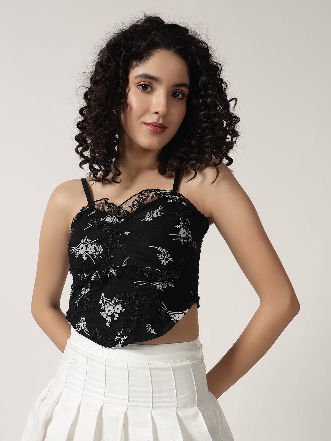 RUCHED FLORAL PADDED TOP BLACK