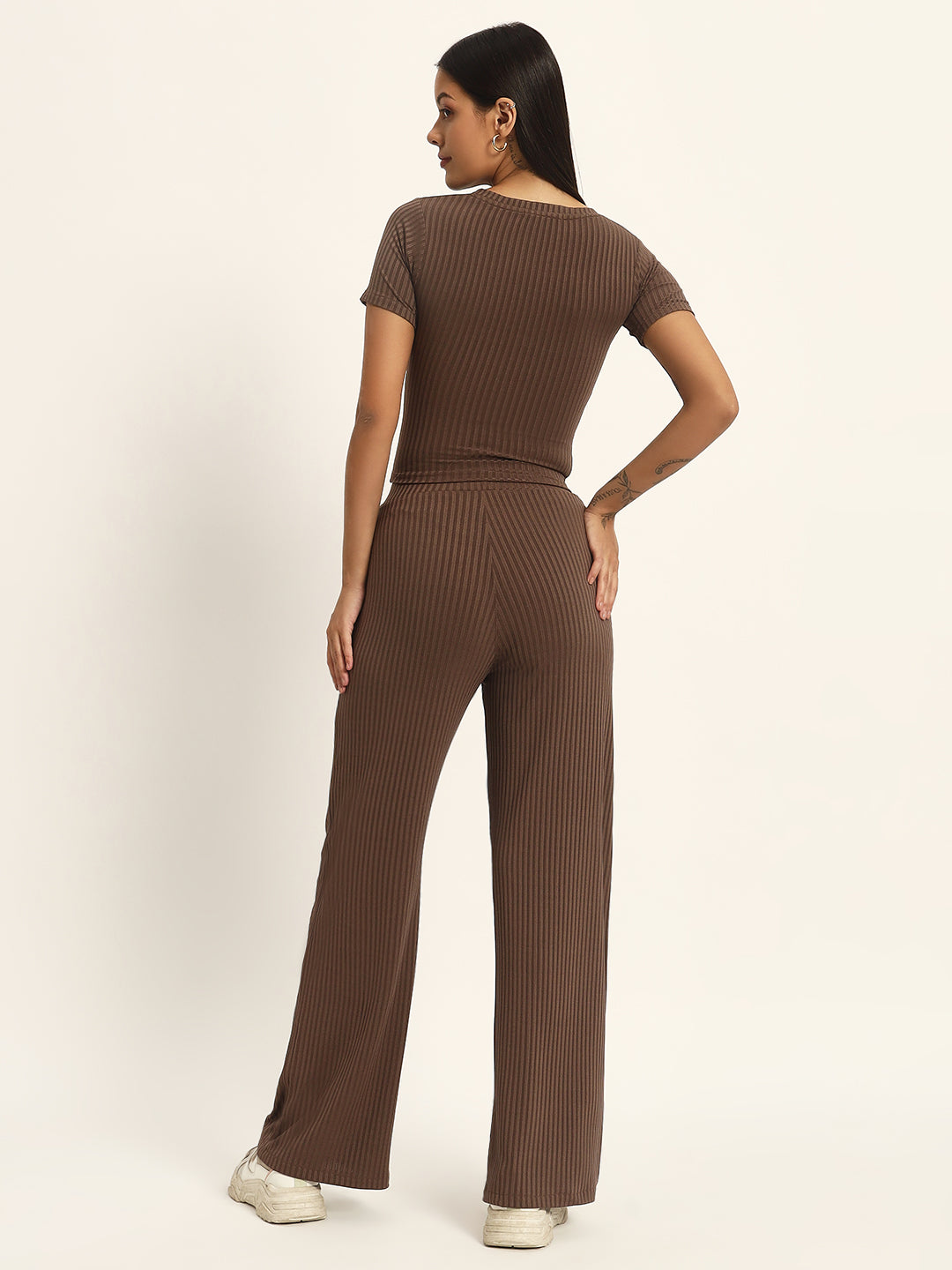 CO ORDSET WITH STRAIGHT PANTS AND BODYCON TOP-GREYISH BROWN