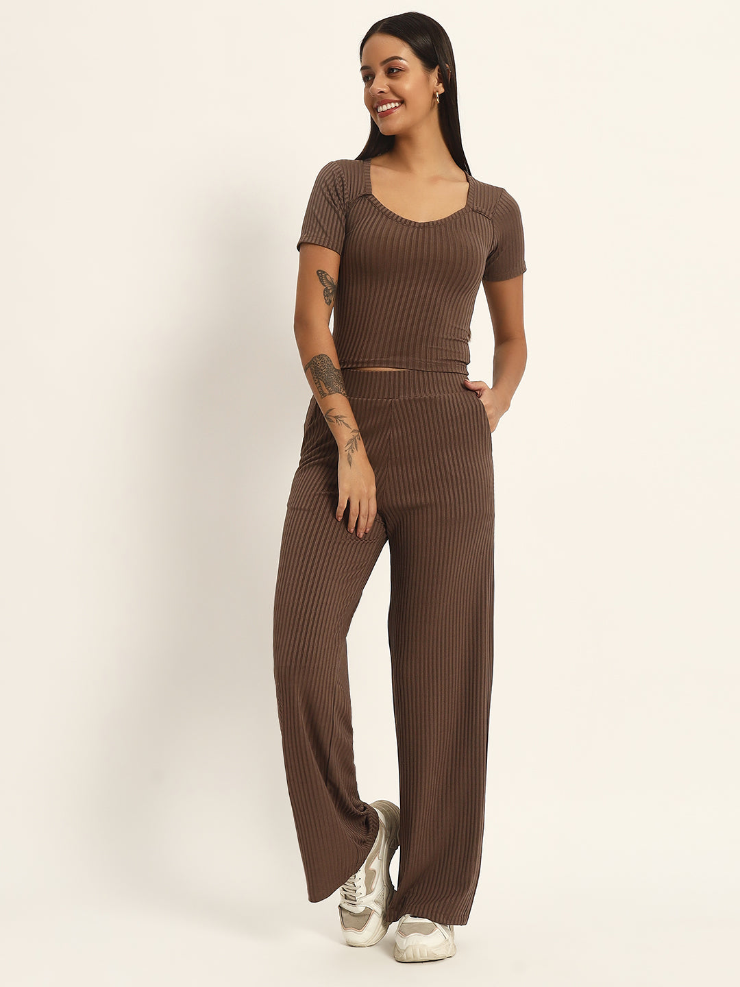 CO ORDSET WITH STRAIGHT PANTS AND BODYCON TOP-GREYISH BROWN