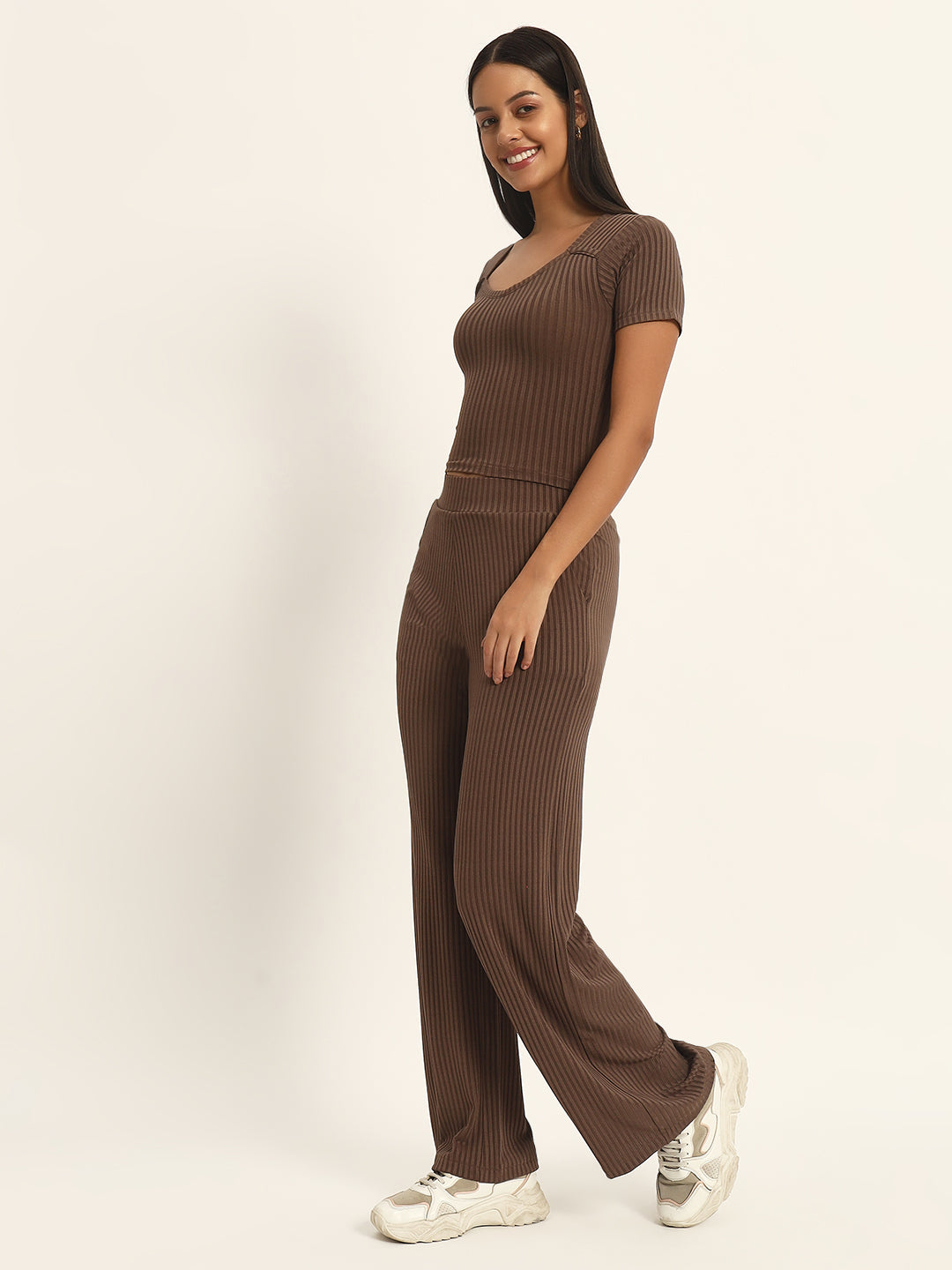 CO ORDSET WITH STRAIGHT PANTS AND BODYCON TOP-GREYISH BROWN