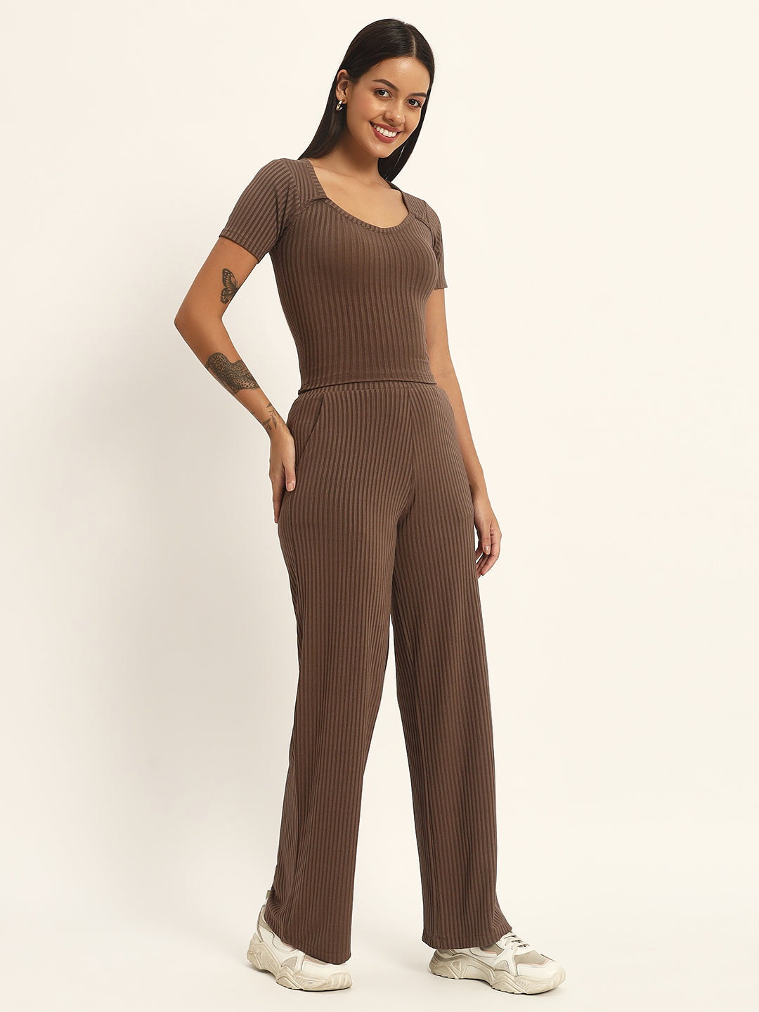 CO ORDSET WITH STRAIGHT PANTS AND BODYCON TOP-GREYISH BROWN