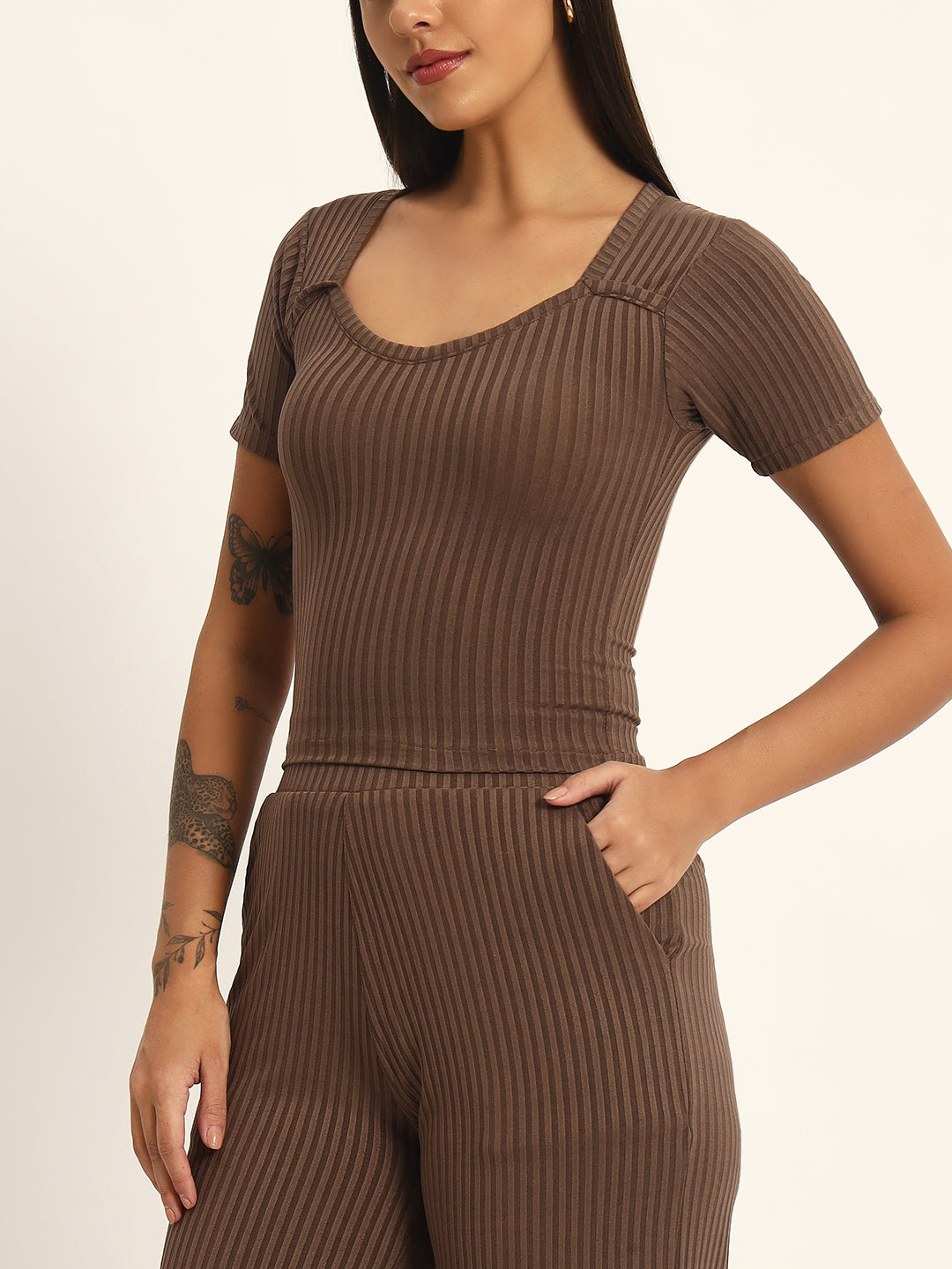 CO ORDSET WITH STRAIGHT PANTS AND BODYCON TOP-GREYISH BROWN