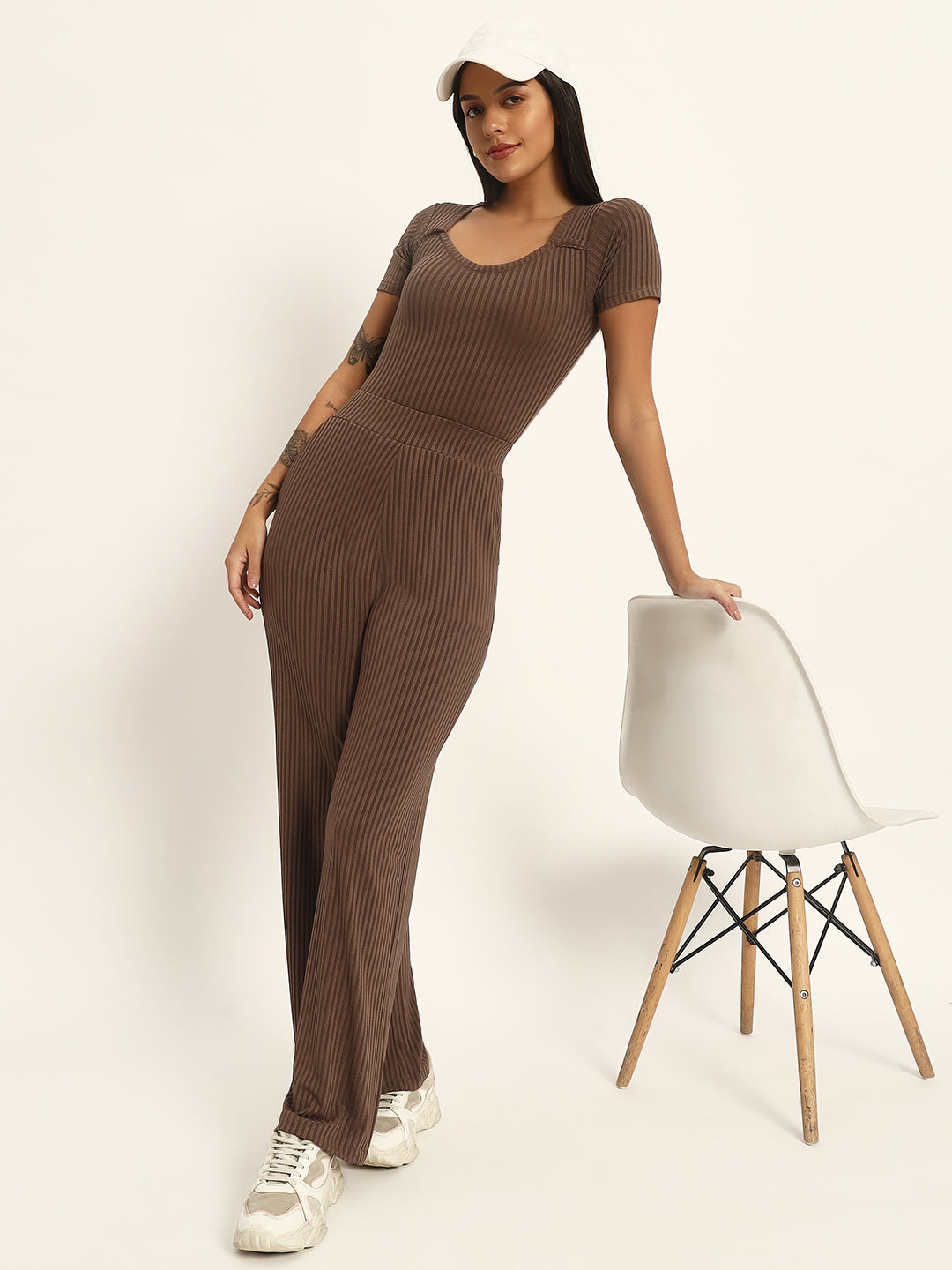 CO ORDSET WITH STRAIGHT PANTS AND BODYCON TOP-GREYISH BROWN