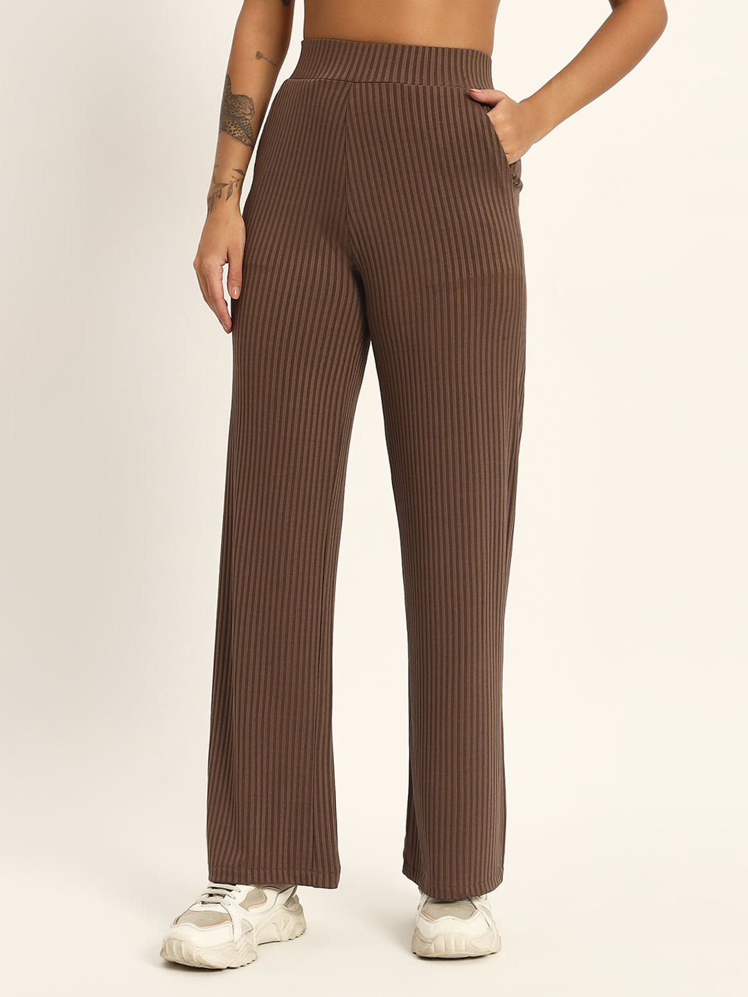 CO ORDSET WITH STRAIGHT PANTS AND BODYCON TOP-GREYISH BROWN