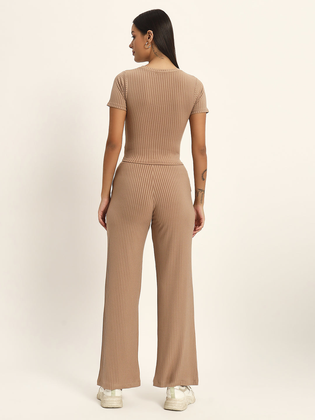 CO ORDSET WITH STRAIGHT PANTS AND BODYCON TOP-BROWN