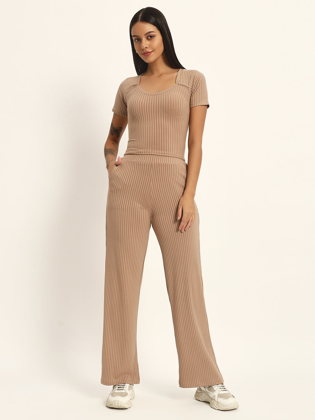 CO ORDSET WITH STRAIGHT PANTS AND BODYCON TOP-BROWN