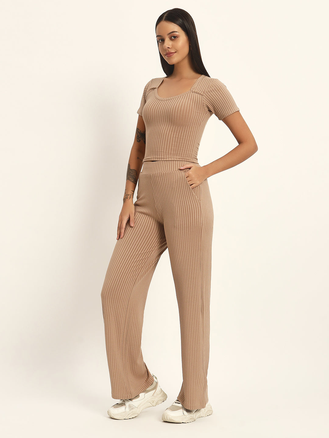 CO ORDSET WITH STRAIGHT PANTS AND BODYCON TOP-BROWN