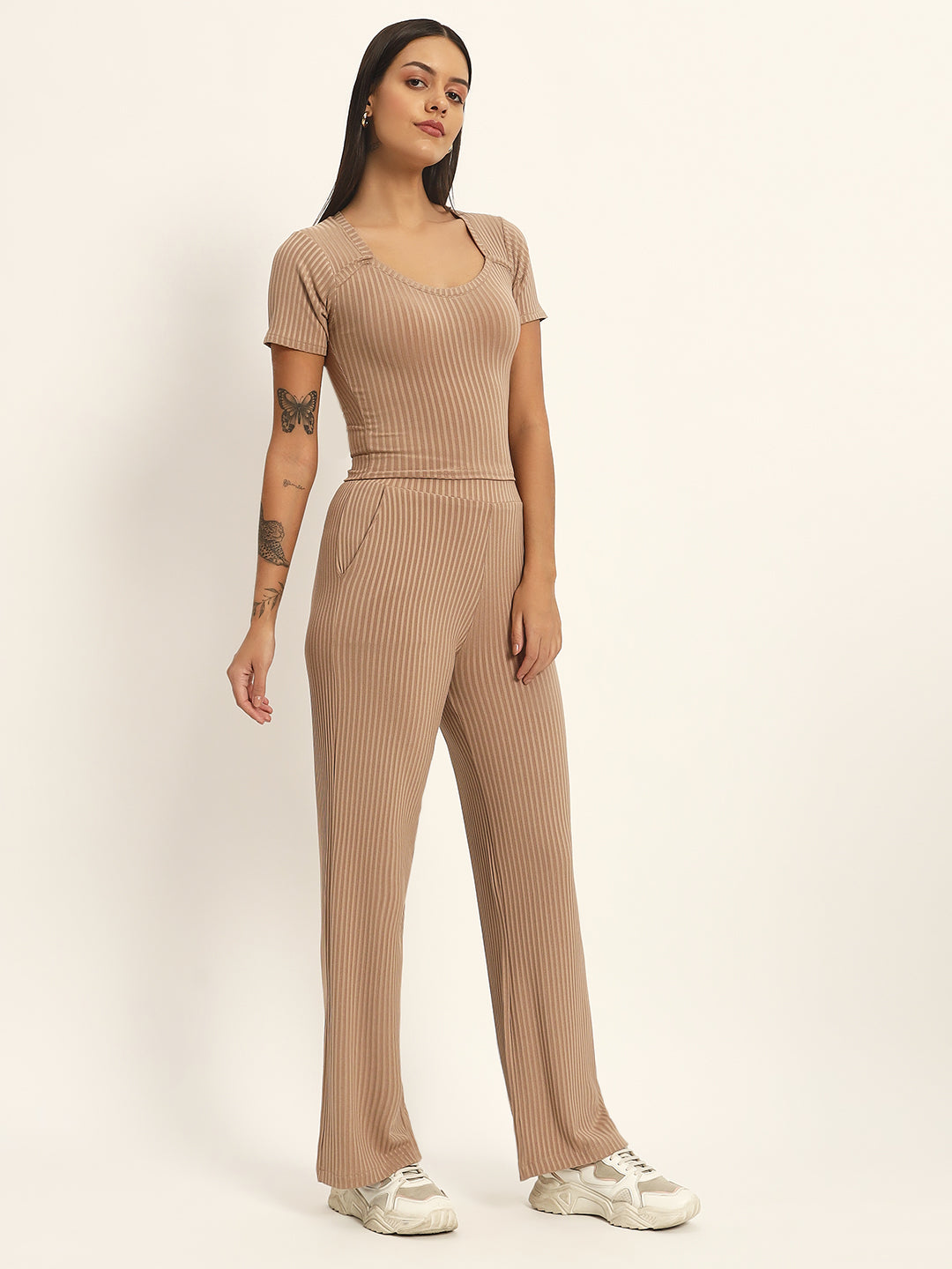 CO ORDSET WITH STRAIGHT PANTS AND BODYCON TOP-BROWN