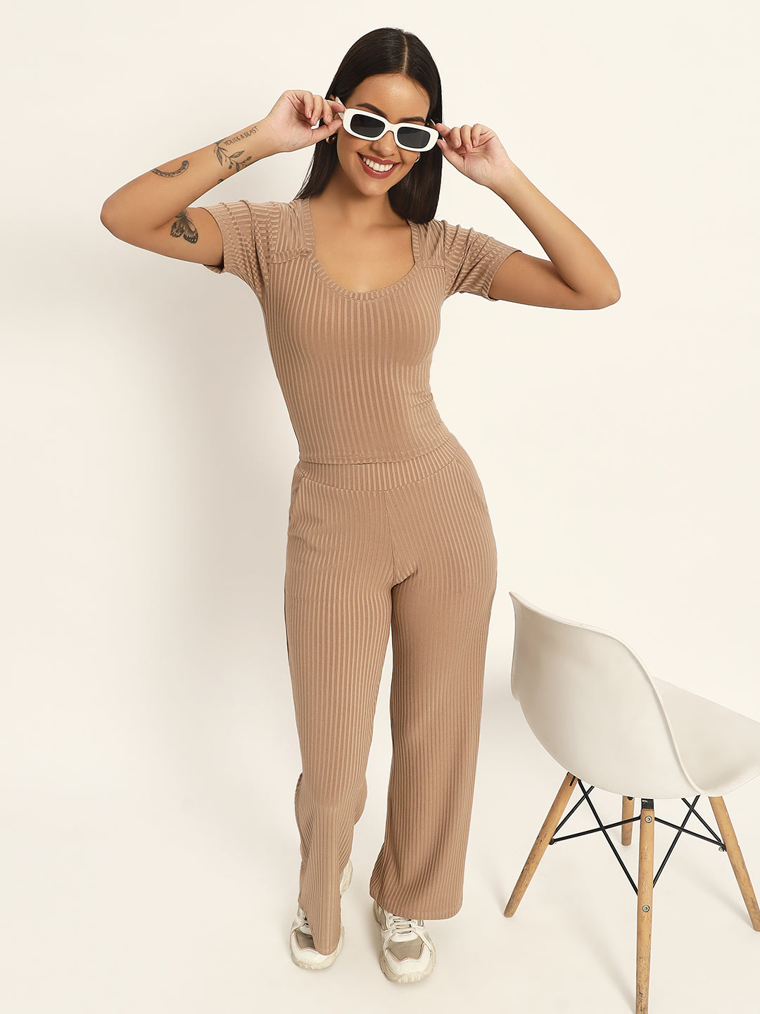 CO ORDSET WITH STRAIGHT PANTS AND BODYCON TOP-BROWN