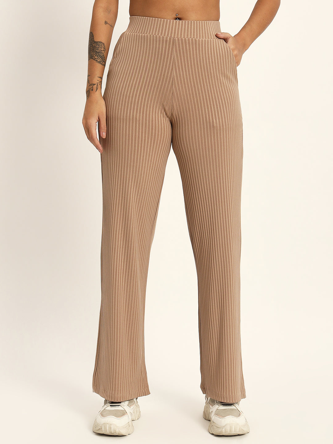 CO ORDSET WITH STRAIGHT PANTS AND BODYCON TOP-BROWN