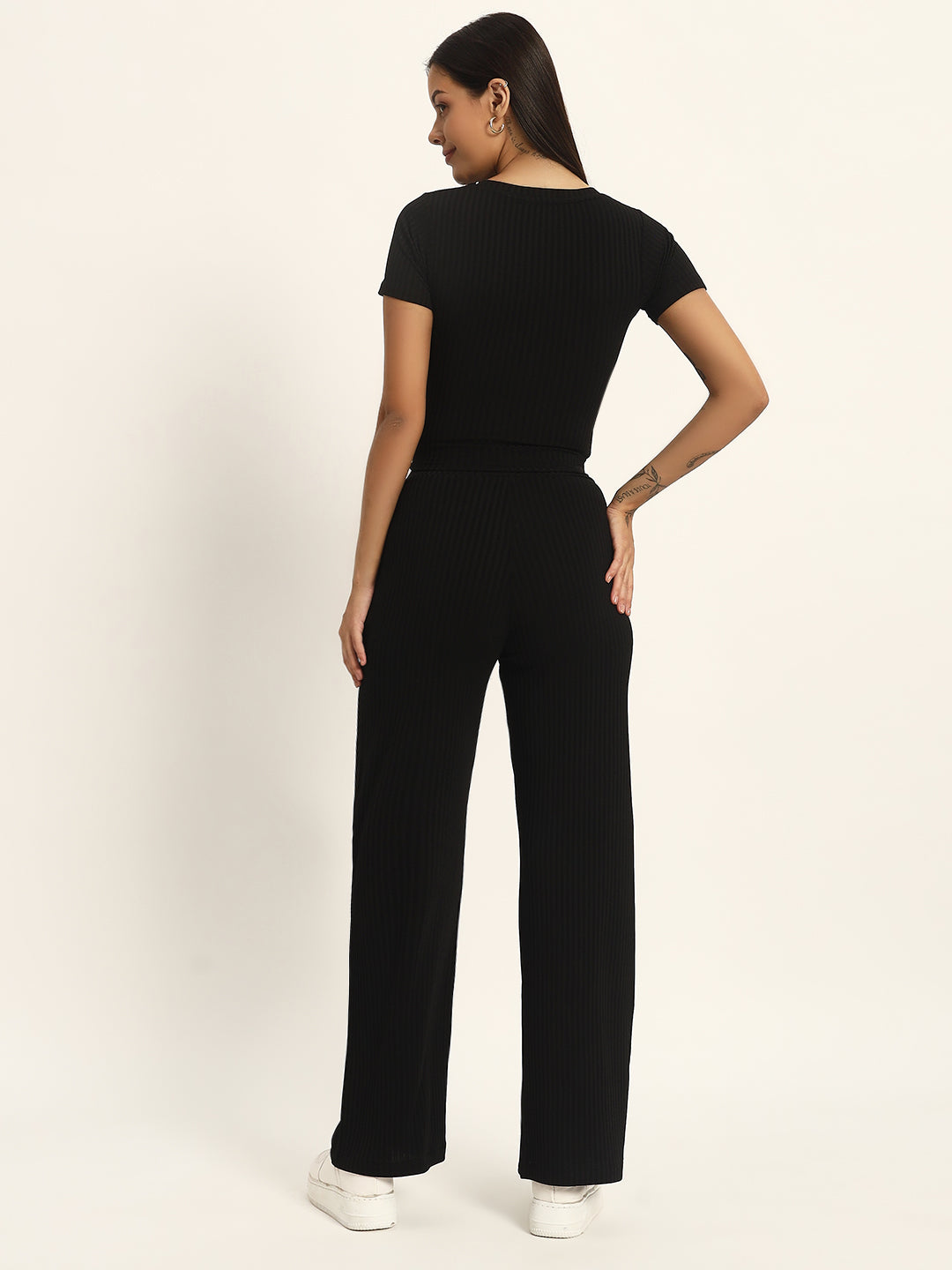 CO ORDSET WITH STRAIGHT PANTS AND BODYCON TOP-BLACK