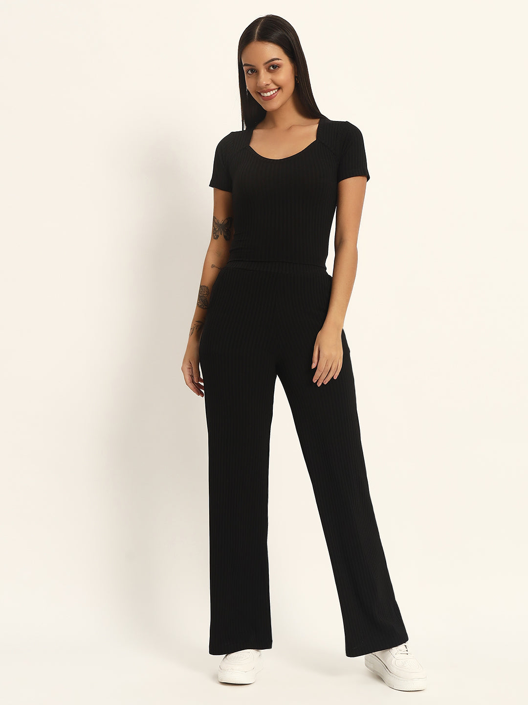 CO ORDSET WITH STRAIGHT PANTS AND BODYCON TOP-BLACK