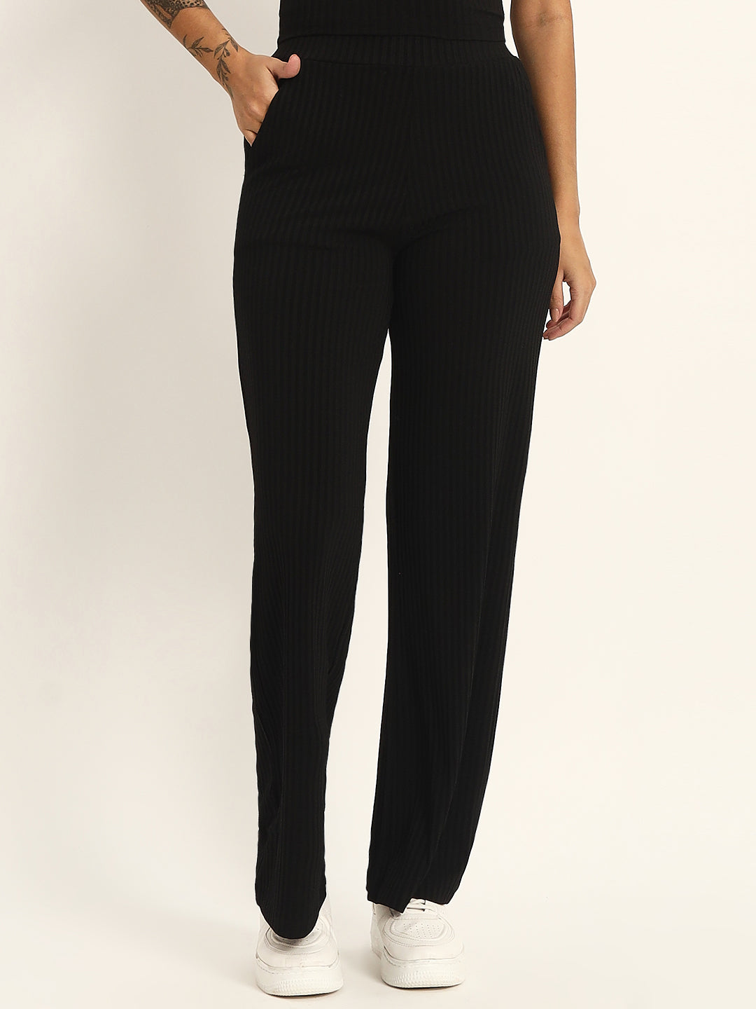 CO ORDSET WITH STRAIGHT PANTS AND BODYCON TOP-BLACK