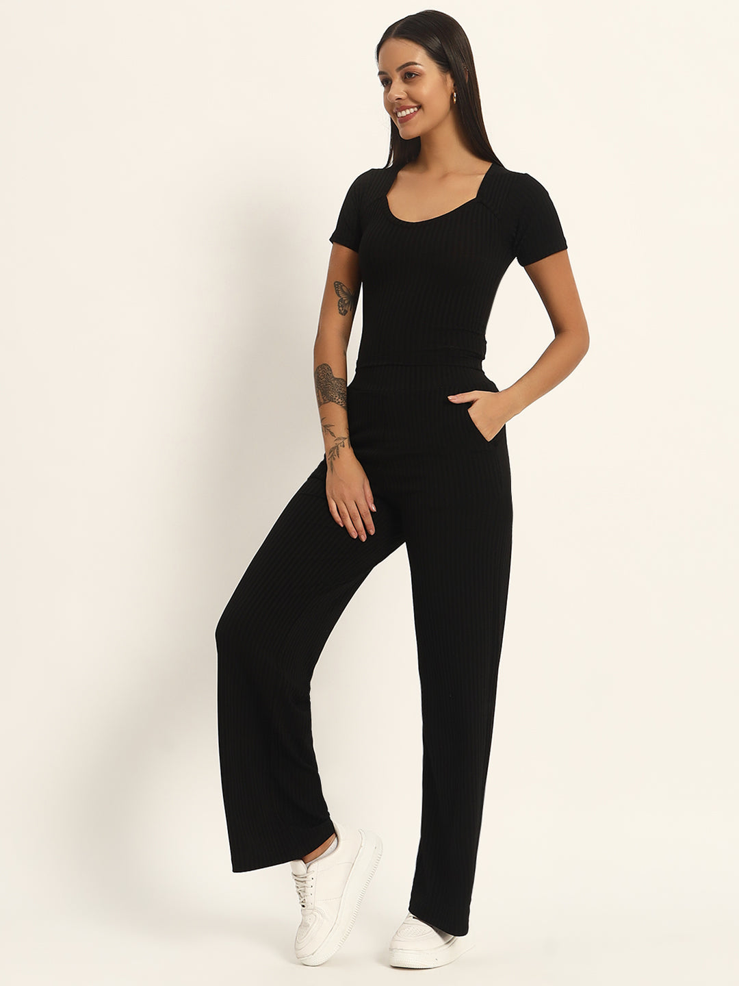 CO ORDSET WITH STRAIGHT PANTS AND BODYCON TOP-BLACK