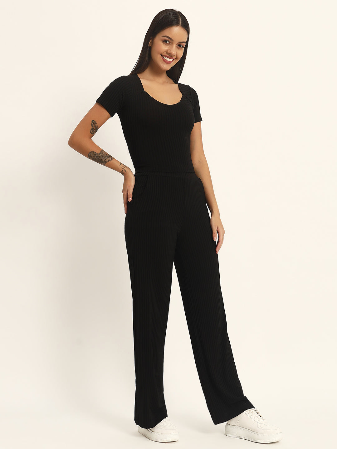 CO ORDSET WITH STRAIGHT PANTS AND BODYCON TOP-BLACK