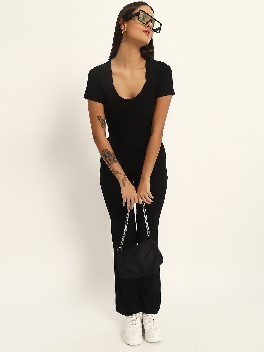 CO ORDSET WITH STRAIGHT PANTS AND BODYCON TOP-BLACK