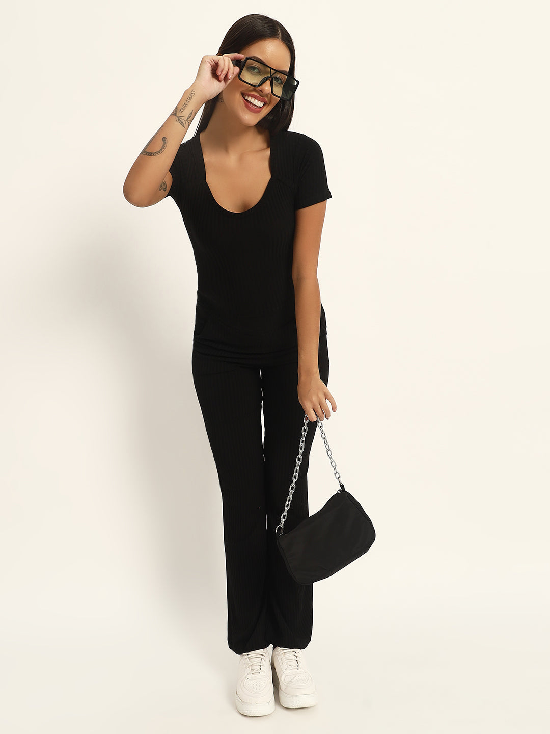 CO ORDSET WITH STRAIGHT PANTS AND BODYCON TOP-BLACK