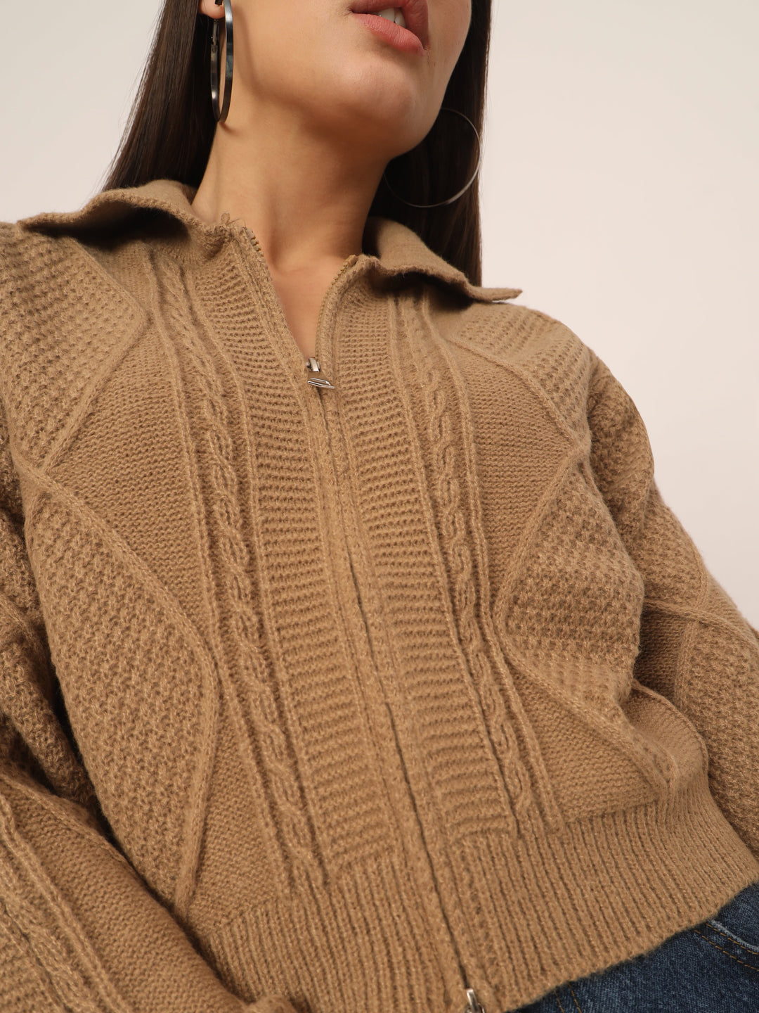 WOMEN KNIT ZIPPER-BROWN