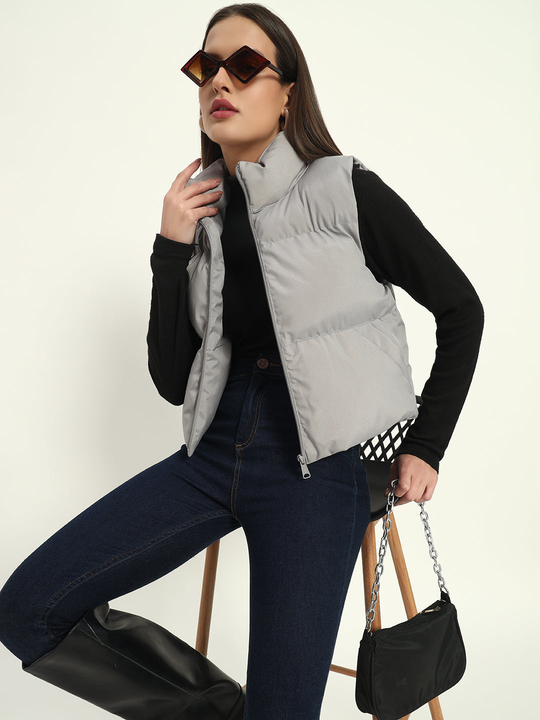 Women Puff Jacket-Light Grey