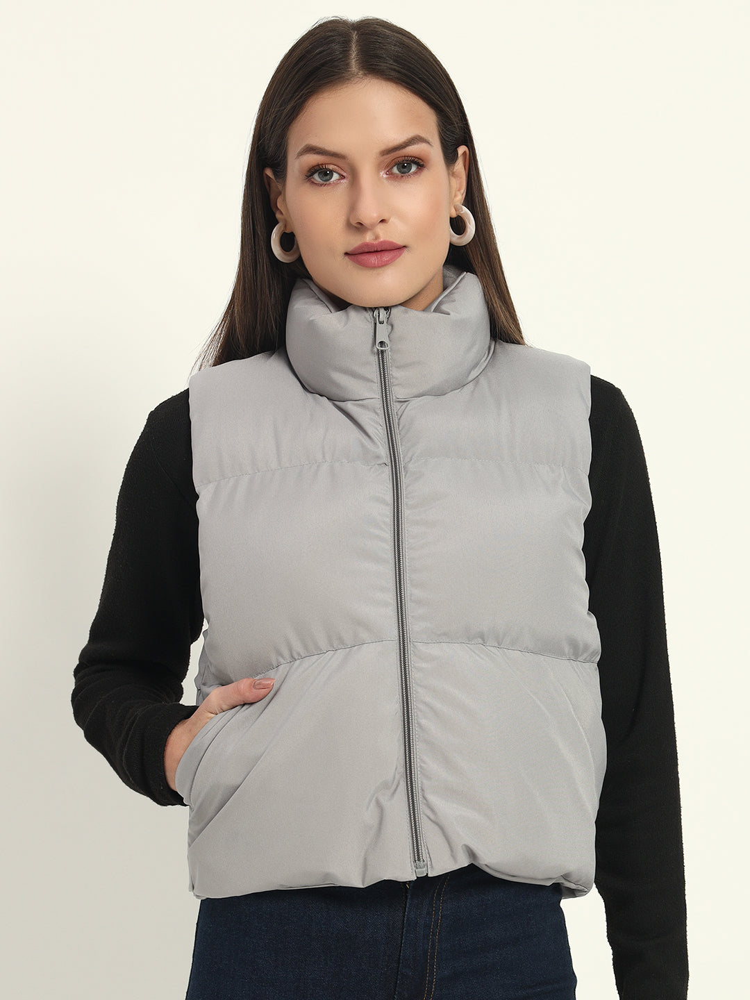 Women Puff Jacket-Light Grey