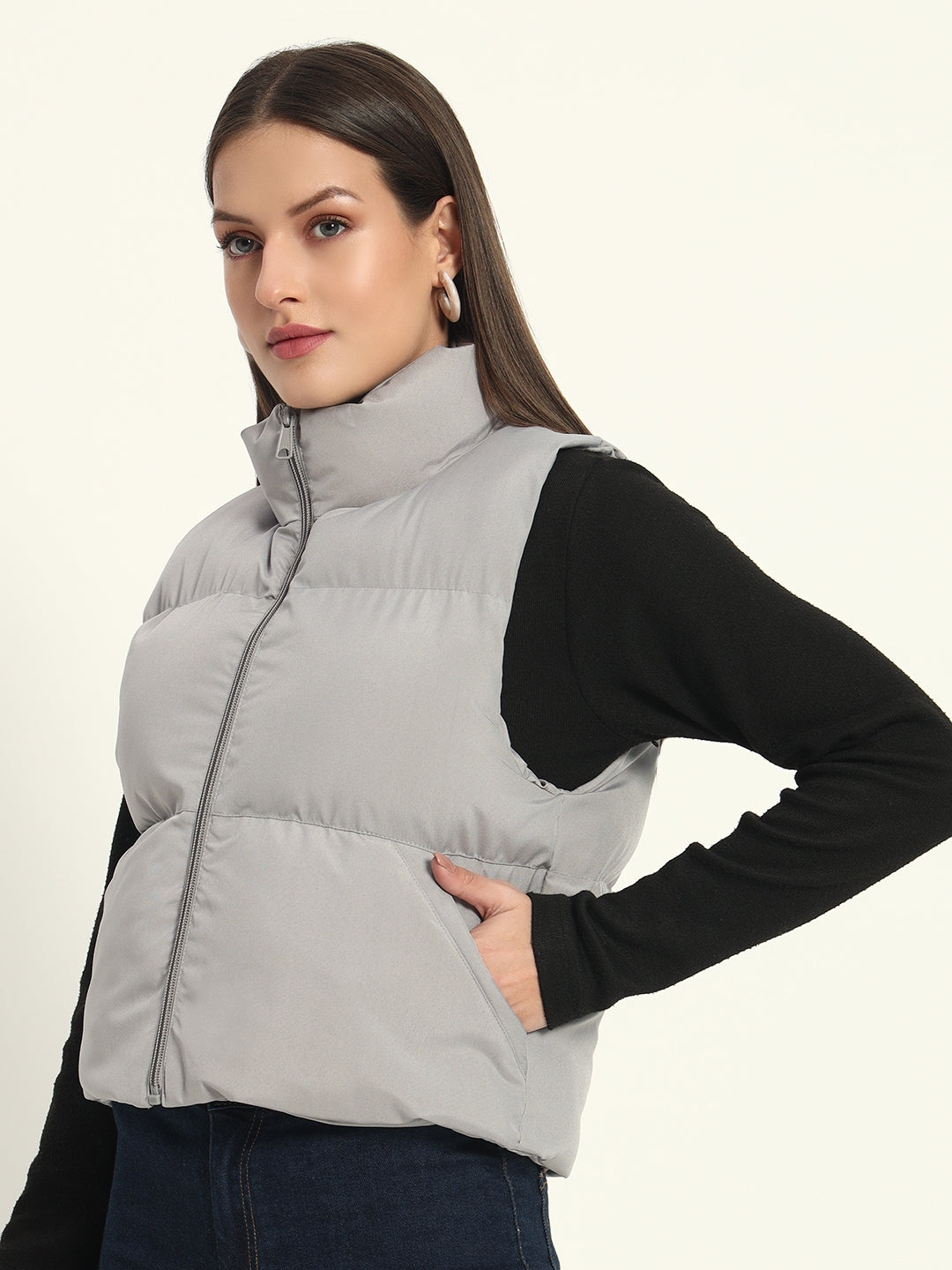 Women Puff Jacket-Light Grey